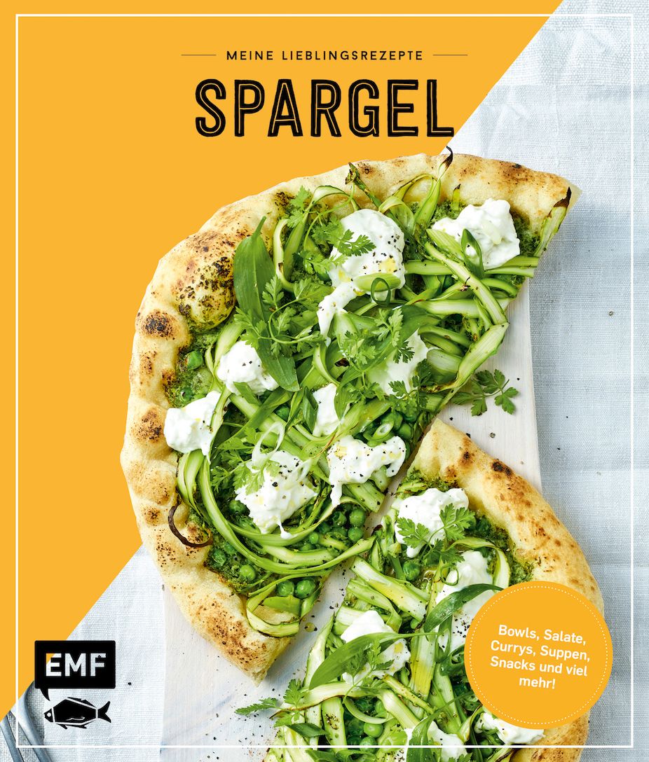 Kochbuch mit dem Titel „Spargel“. Auf dem Cover eine Pizza mit Spargel, Erbsen und Käse. Logo EMF.