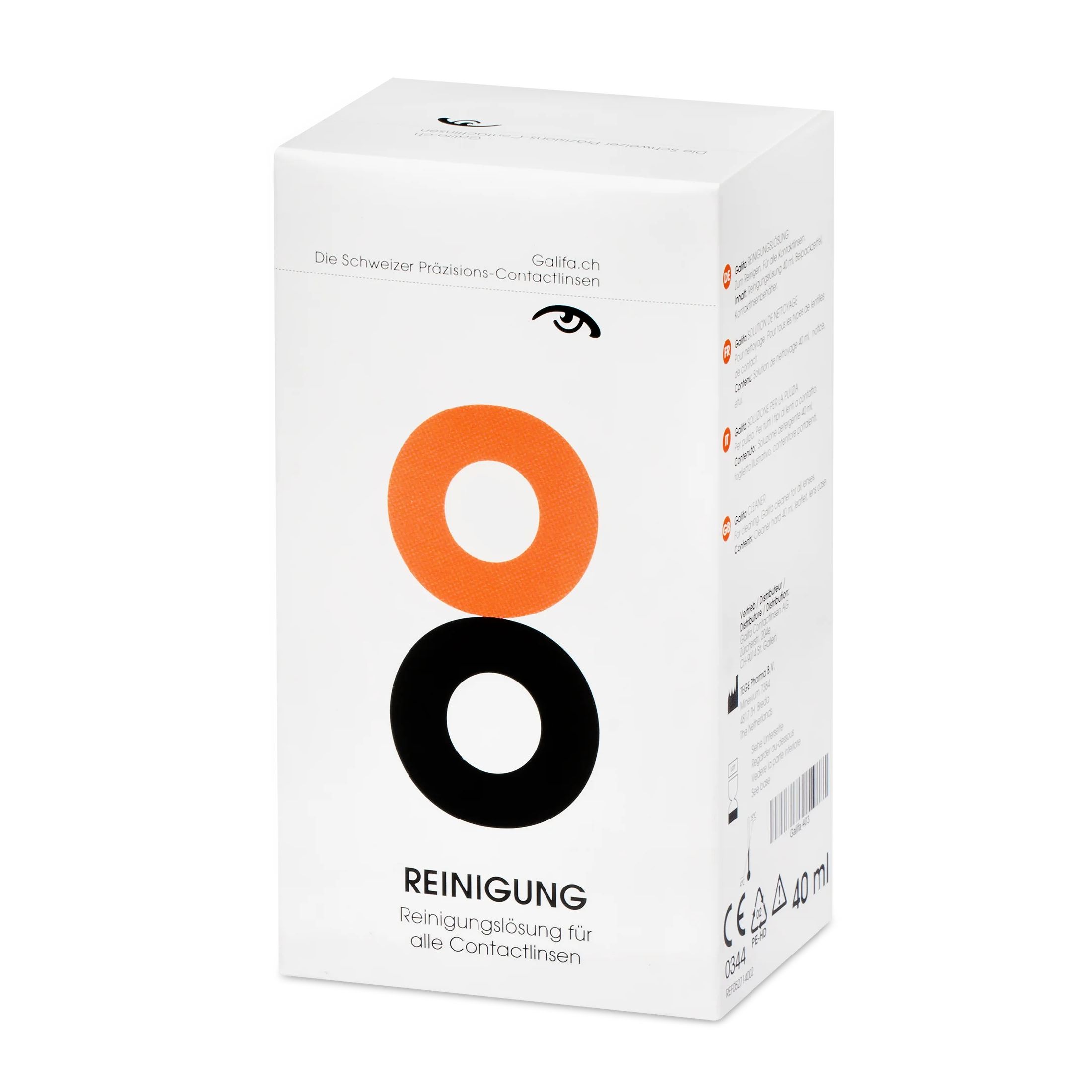 Weiße Verpackung mit orangefarbenem und schwarzem Kreis-Design. Text: Reinigung für alle Kontaktlinsen. CE-Zeichen.