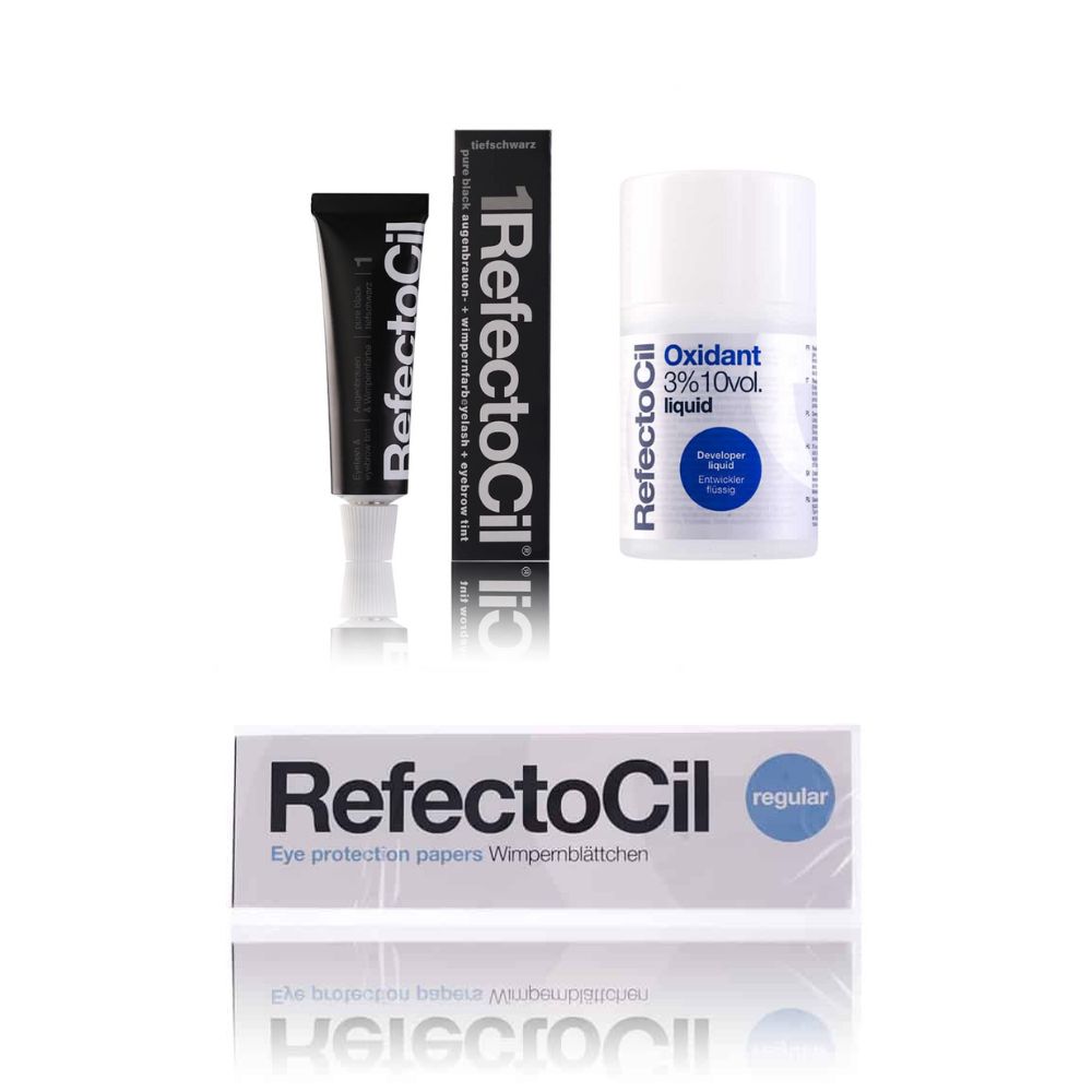 Refectocil Wimpernfarbe tiefschwarz 1 & Oxidant flüssig 3% & Wimpernblättchen Set