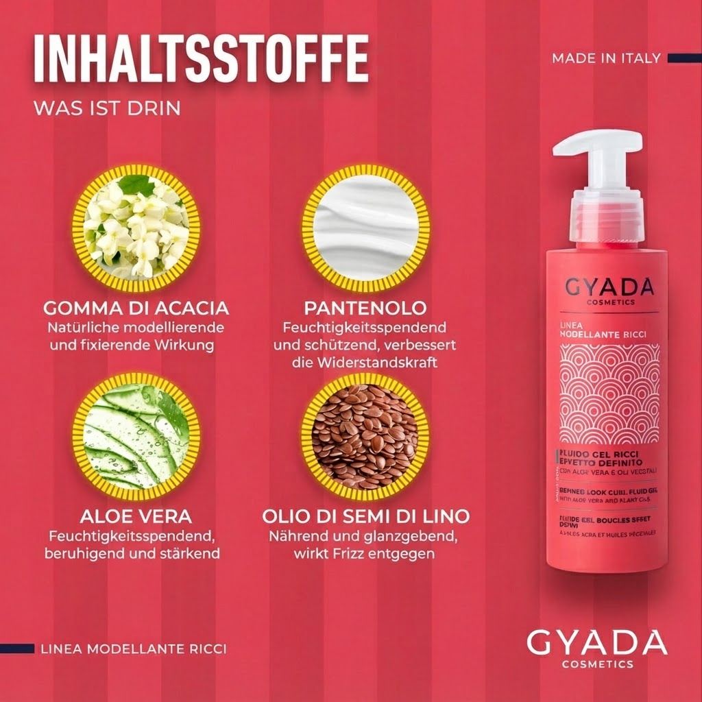 Rote Flasche GYADA COSMETICS Locken-Fluid Gel mit Aloe Vera und Pflanzenölen.