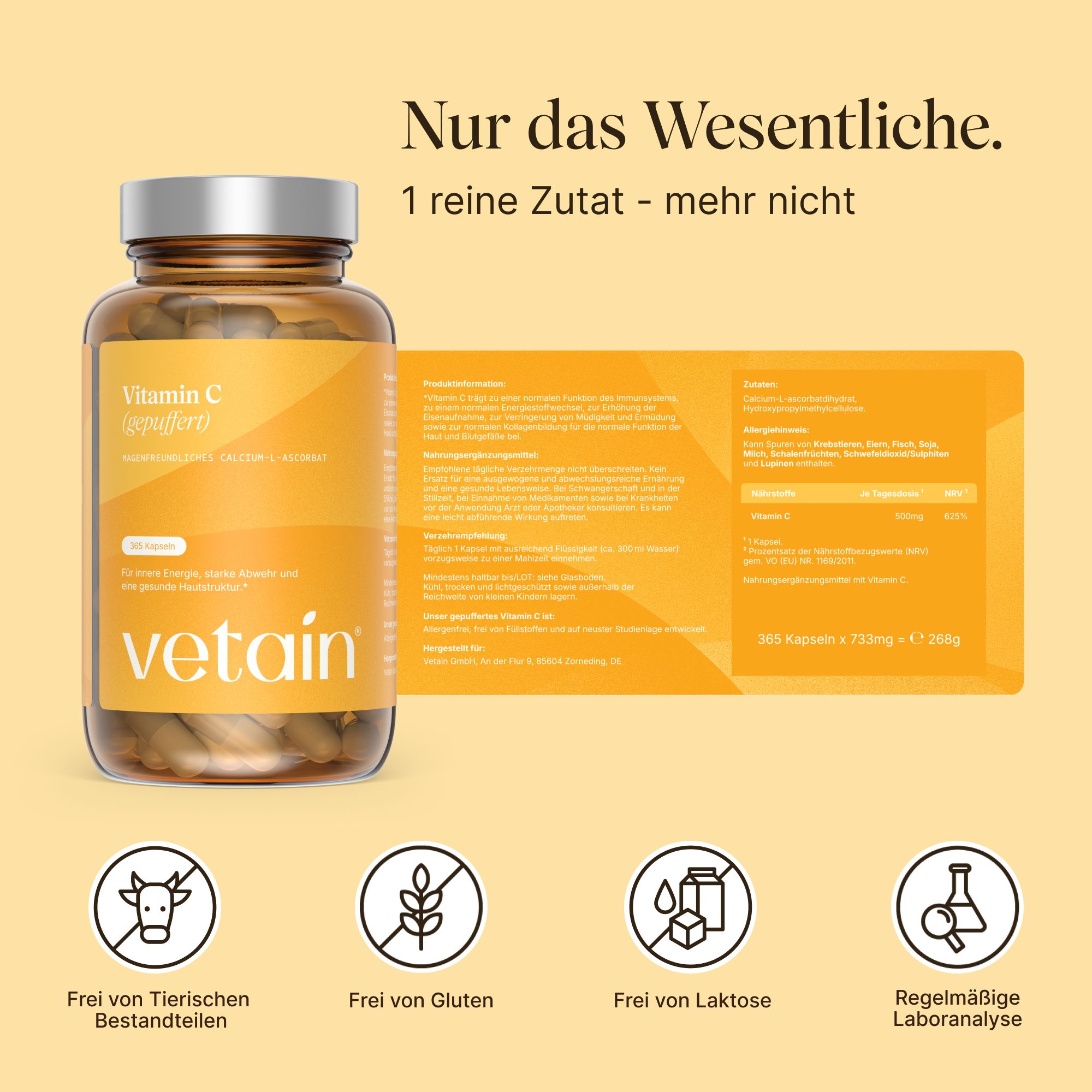VETAIN Vitamin C gepuffert Dose und Etikett mit Hinweisen zu Inhaltsstoffen und Laboranalyse.