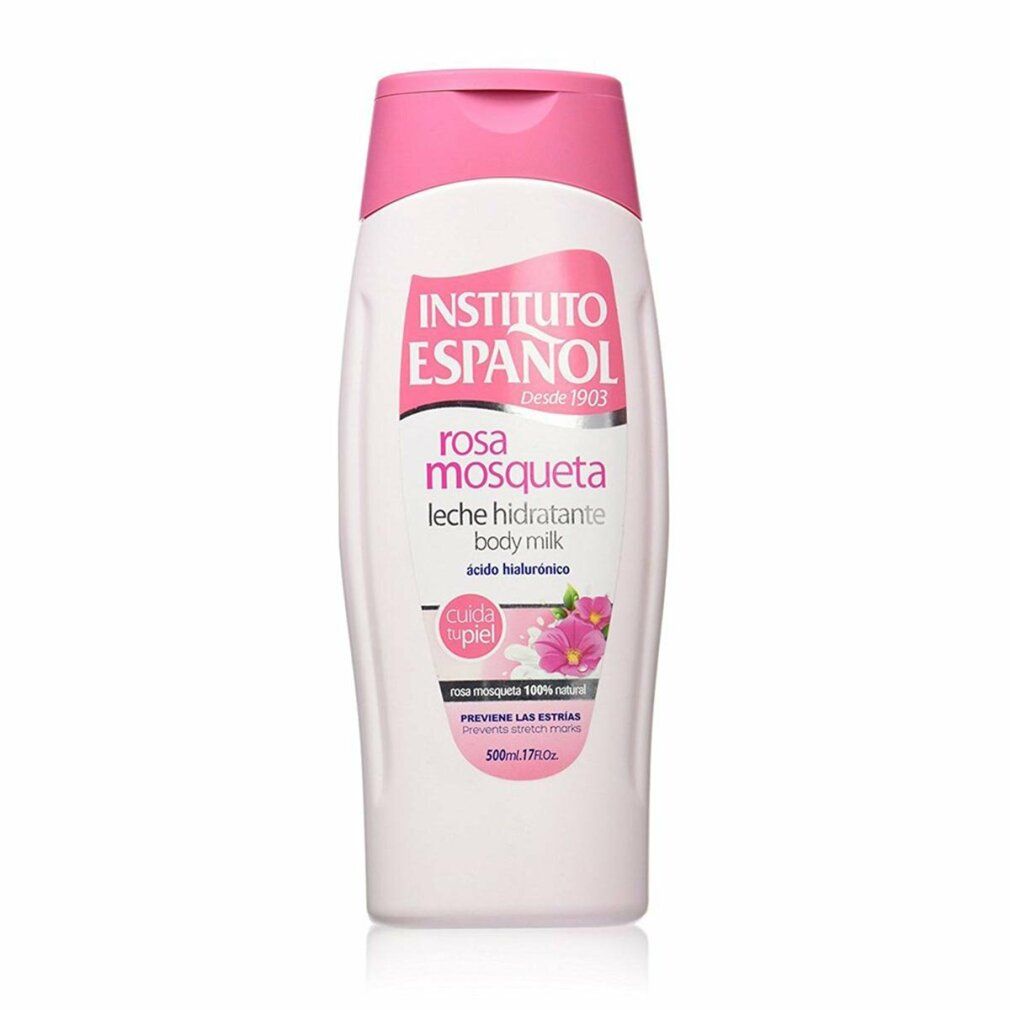 Weiße Flasche mit rosa Verschluss, Instituto Español Rosa Mosqueta Körpermilch, 500ml.