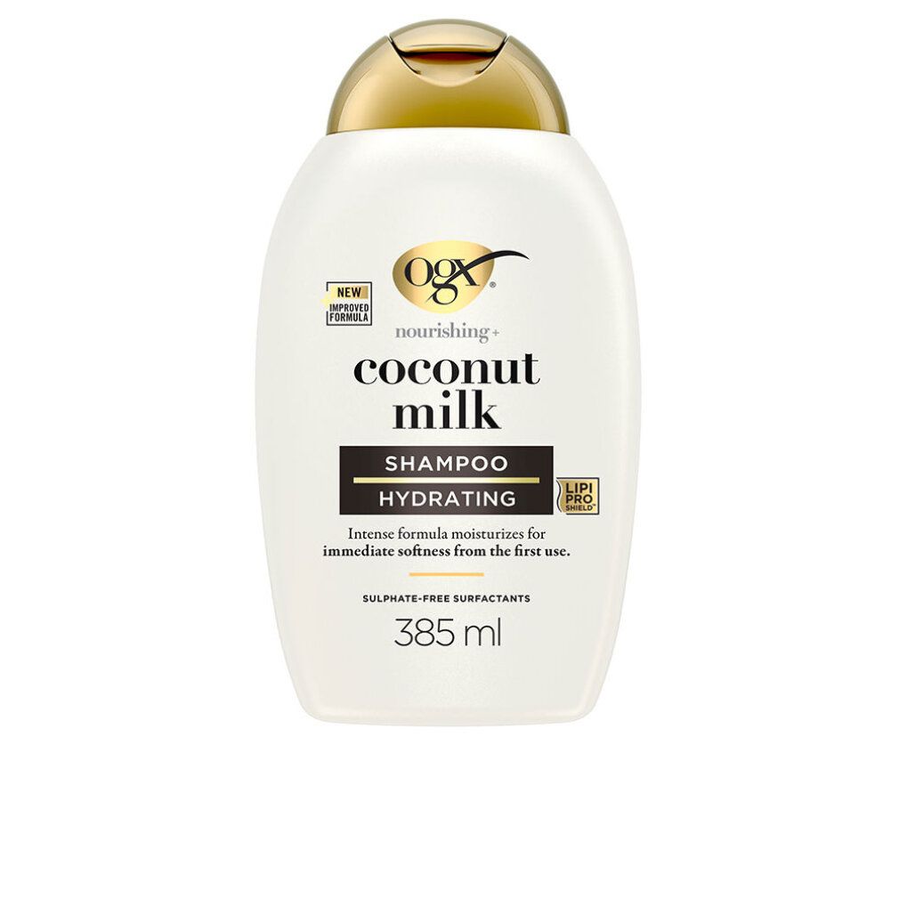 Weiße Shampoo-Flasche mit goldfarbenem Deckel. Aufschrift: nourishing + coconut milk SHAMPOO HYDRATING. Marke: OGX. 385 ml.