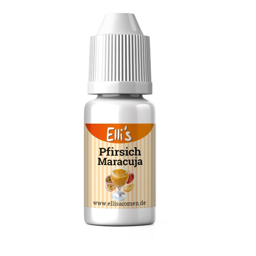 Fläschchen mit weißem Deckel. Etikett mit Produktname und Logo. Text: Elli's Pfirsich Maracuja. www.ellisaromen.de.
