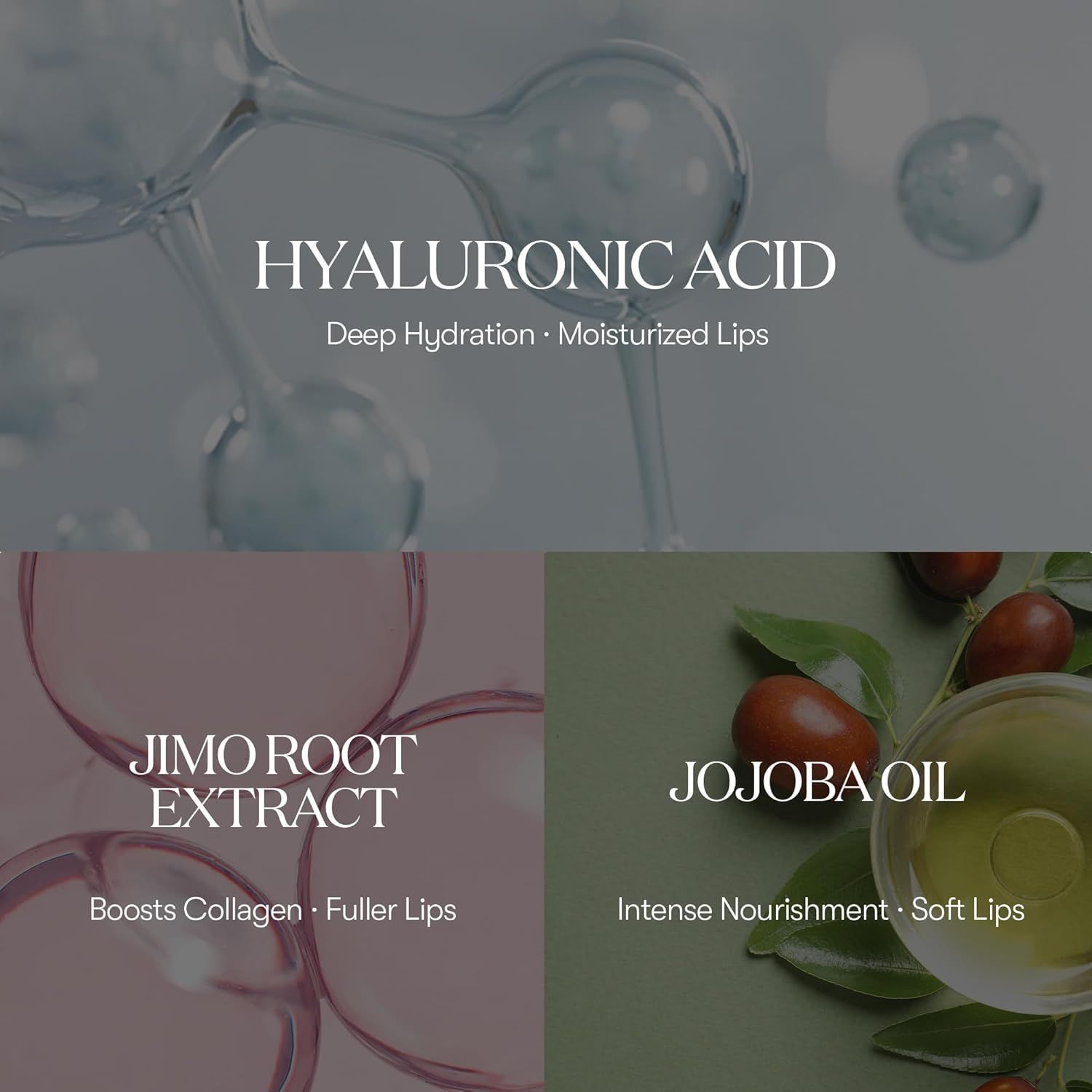 Inhaltsstoffe: Hyaluronsäure, Jimo-Wurzelextrakt, Jojobaöl. Texte: Deep Hydration, Boosts Collagen, Intense Nourishment.