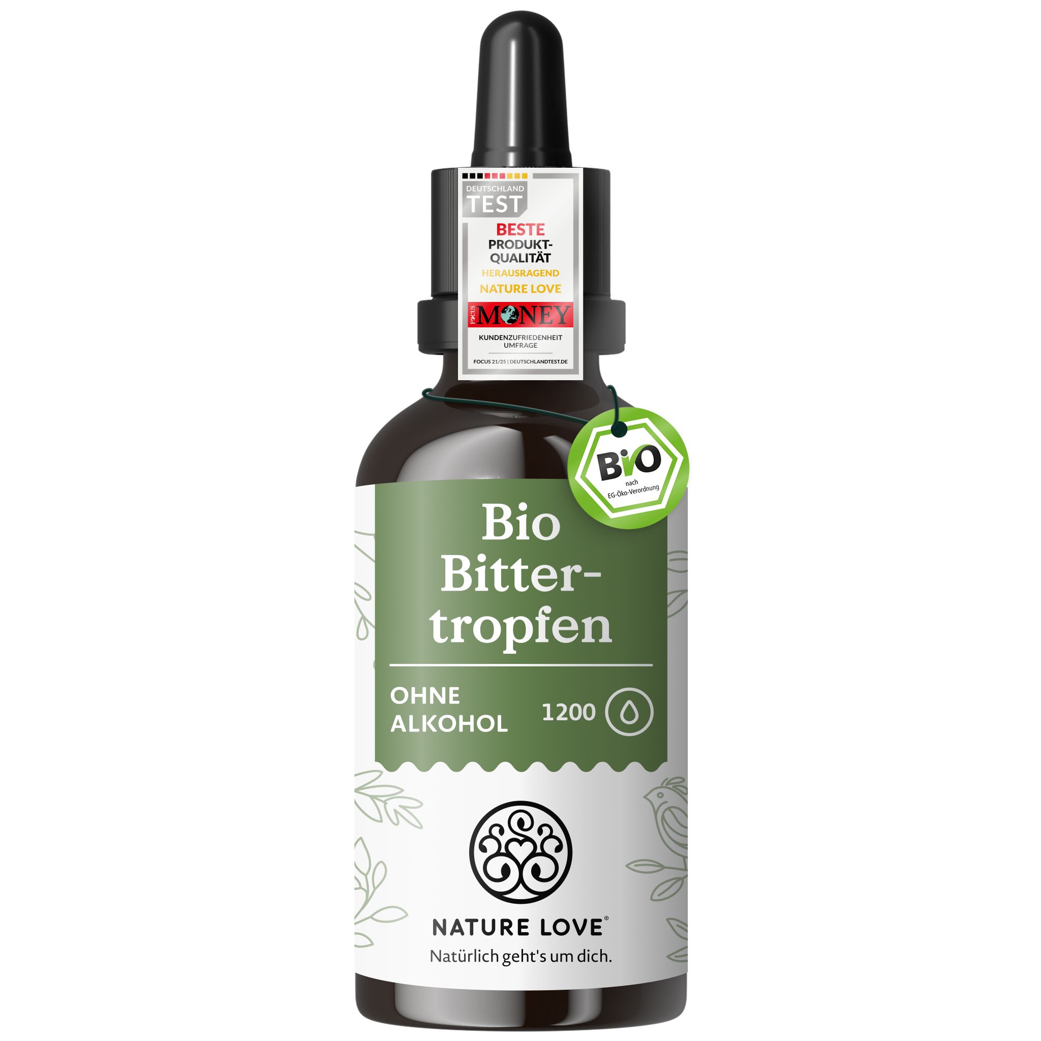 NATURE LOVE Bio Bittertropfen: Flasche mit Siegel 'Beste Produkt-Qualität'.