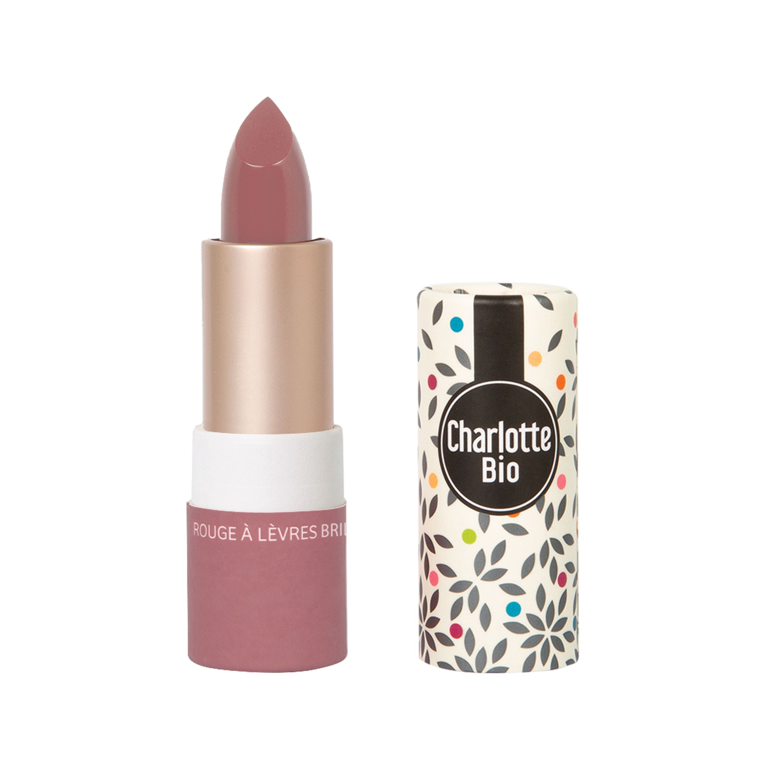 Lippenstift mit geöffneter Hülse und separater Hülse. Auf der Hülse steht "Charlotte Bio".