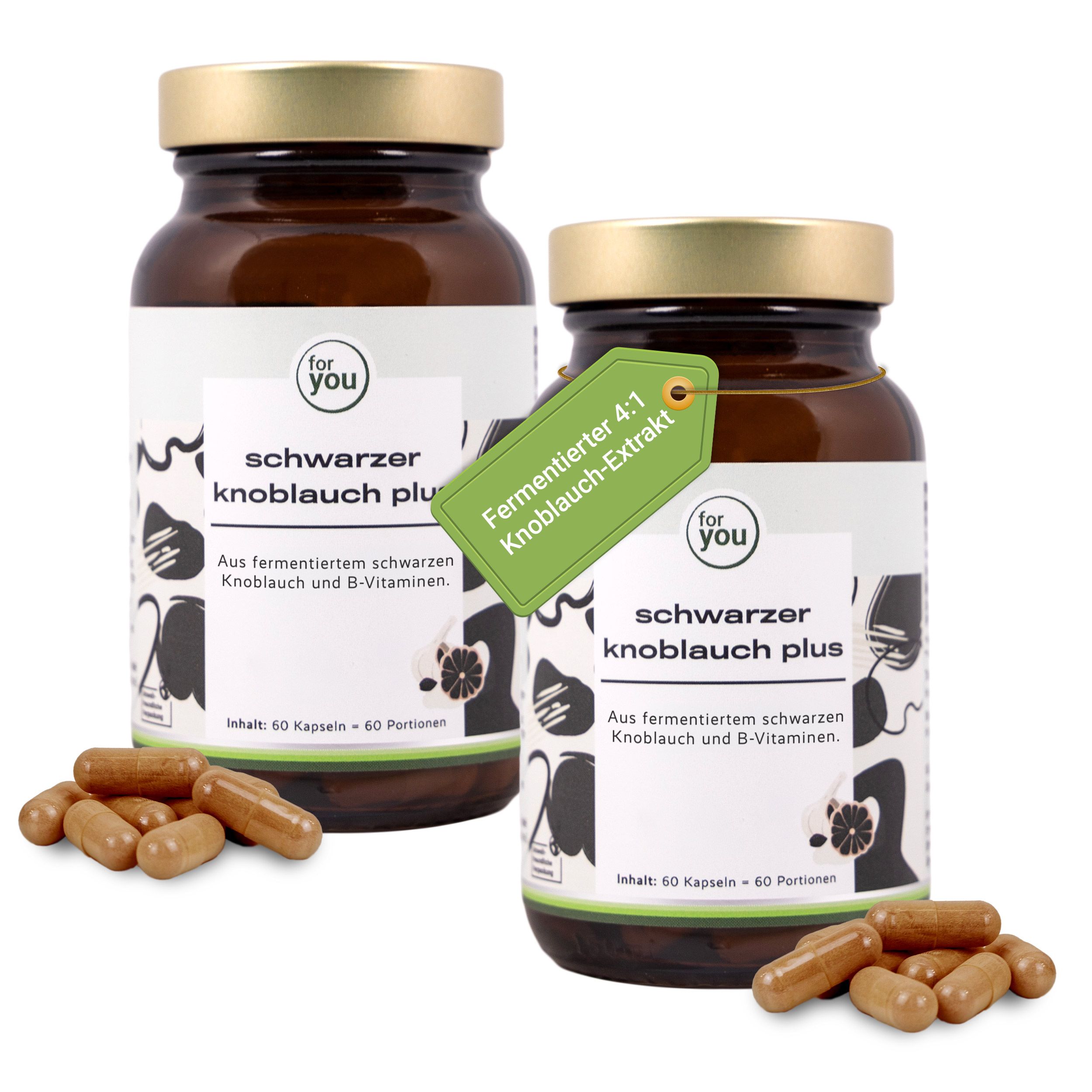 Zwei Braunglasflaschen mit Kapseln, eine mit Anhänger 'Fermentierter 4:1 Knoblauch-Extrakt'.
