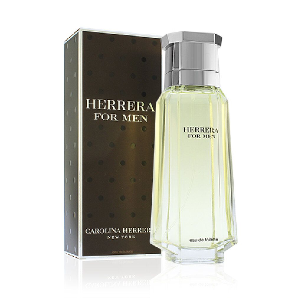 Herrera For Men Flakon und Verpackung. Eckiger Flakon mit silbernem Deckel. Braune Verpackung mit weißer Schrift.