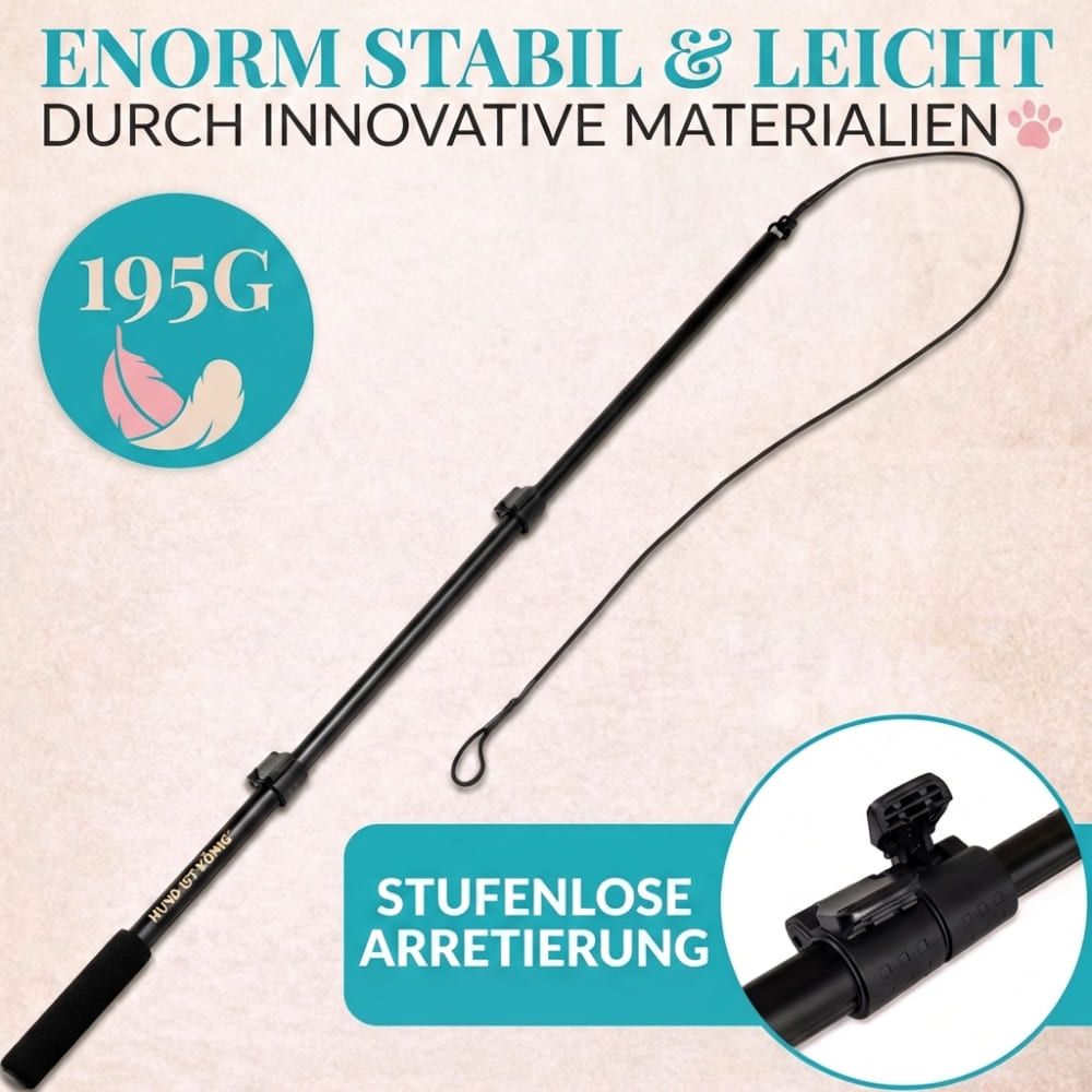 Schwarze Reizangel mit Griff und Schnur. Text: Enorm stabil & leicht durch innovative Materialien. Stufenlose Arretierung. Gewicht: 195g.