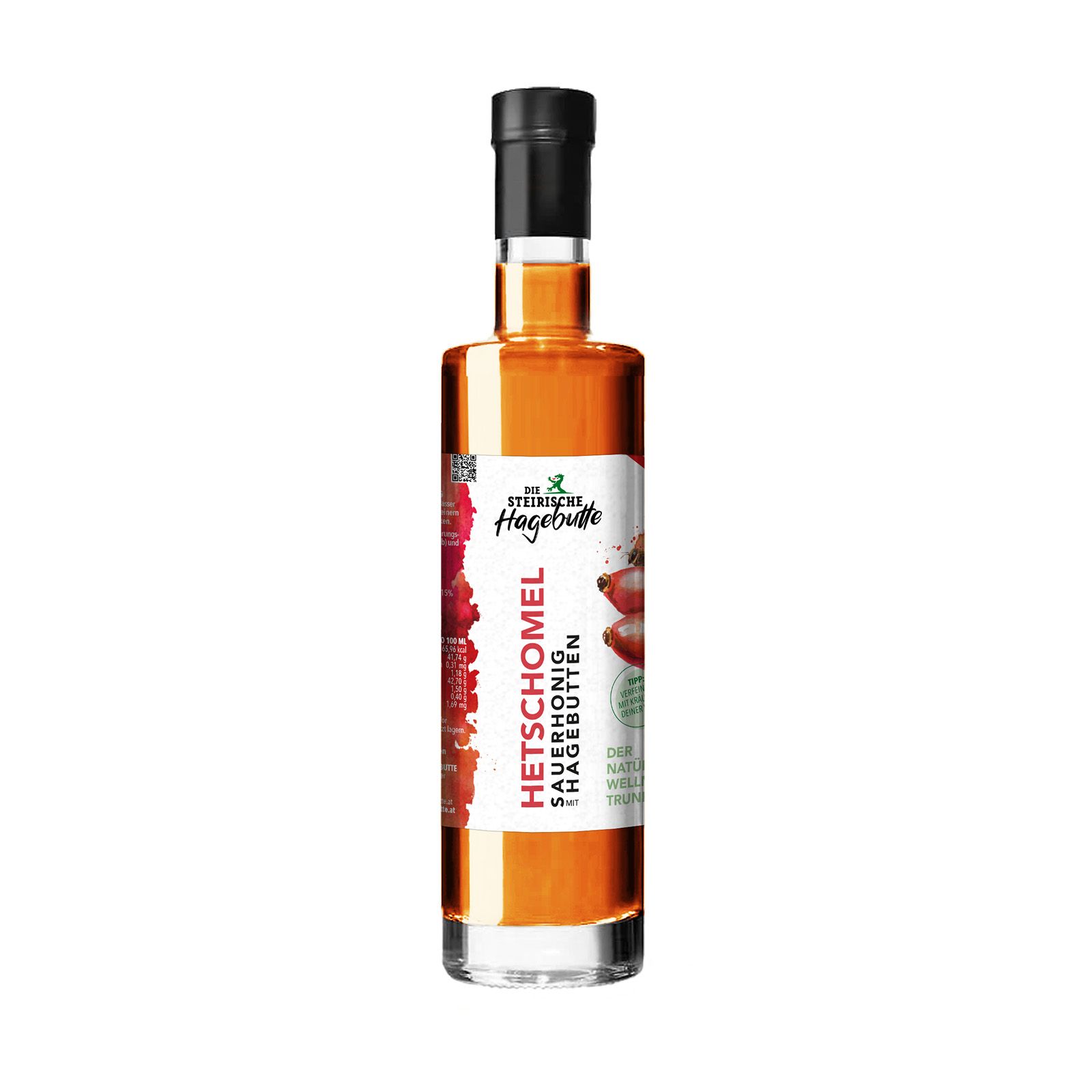 Glasflasche mit schwarzem Verschluss. Etikett mit Produktnamen und Hagebutten-Illustration. Flüssigkeit bernsteinfarben.