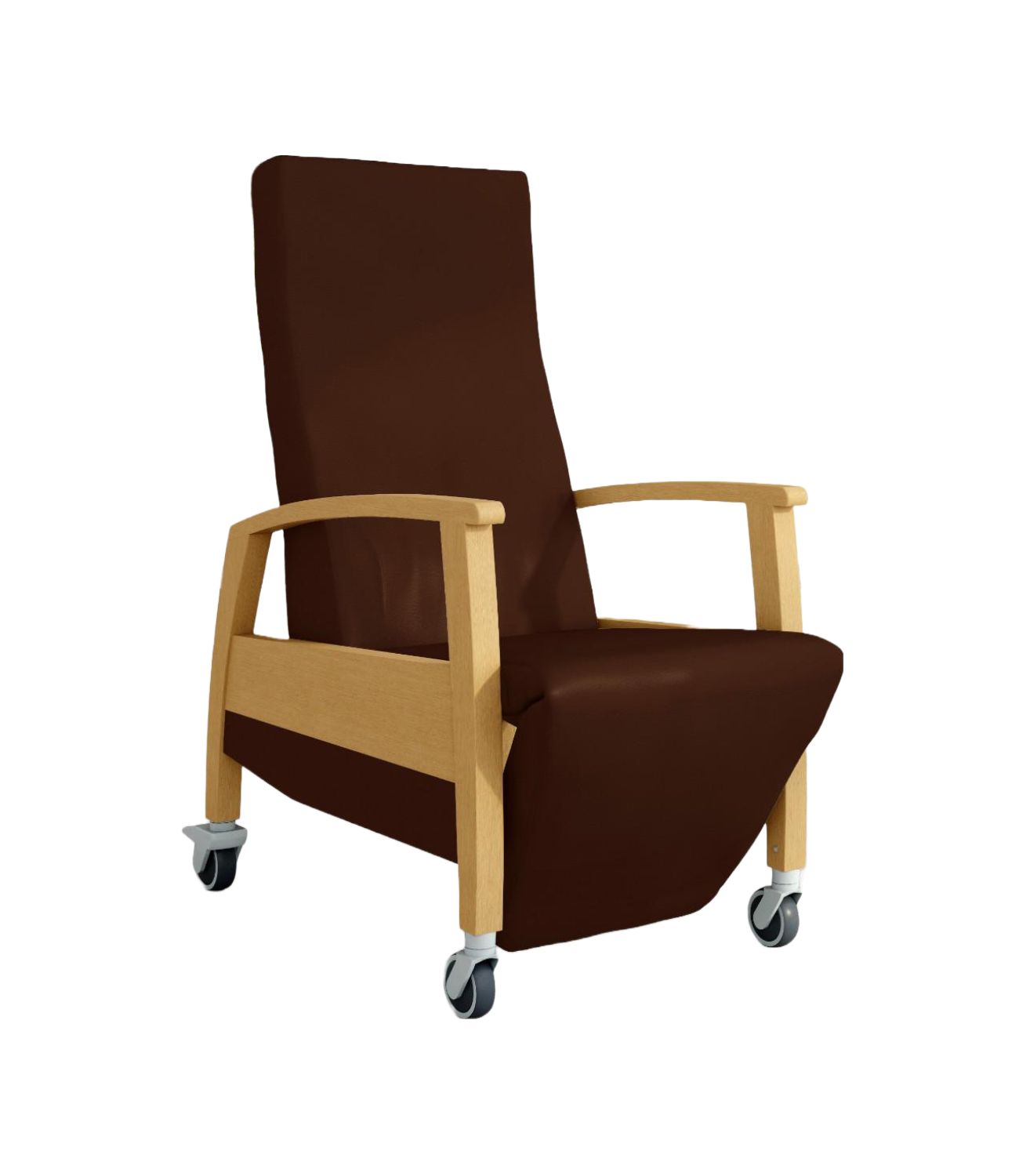 Brauner Relaxsessel mit Rollen und Holzrahmen. Hohe Rückenlehne, Armlehnen und vier Rollen. Holzfarbene Beine.