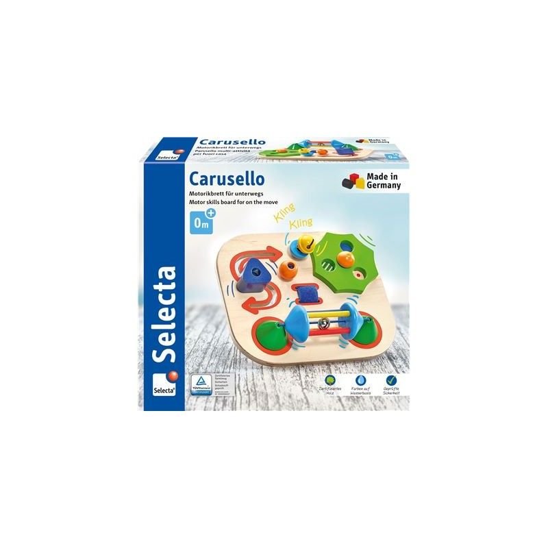 Holzspielzeug Carusello Motorikbrett. Quadratische Holzplatte mit bunten Elementen. Verpackung mit Produktname und Marke Selecta. Made in Germany.
