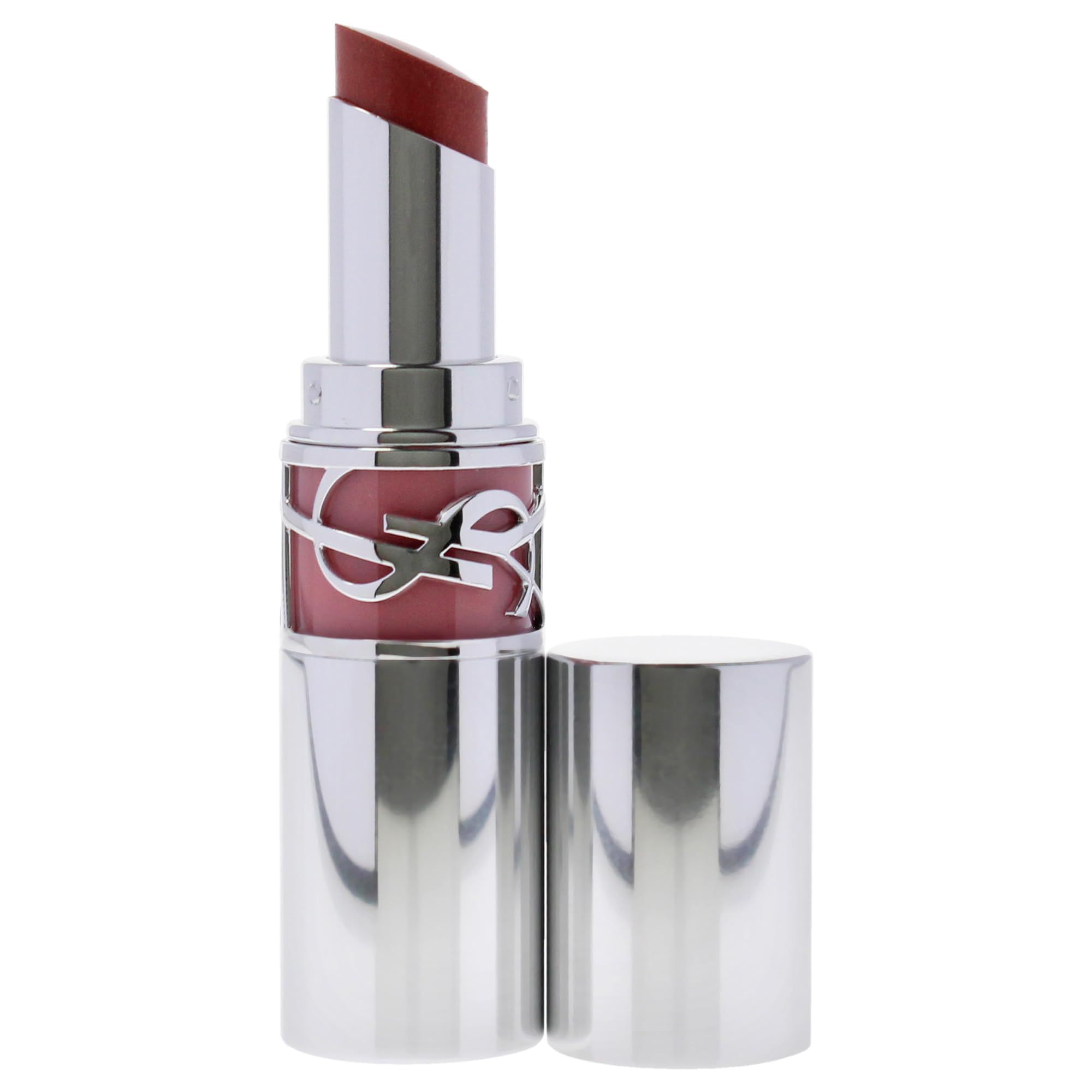 Silberfarbener Lippenstift mit roter Spitze. Der Lippenstift ist teilweise geöffnet, daneben die Kappe.