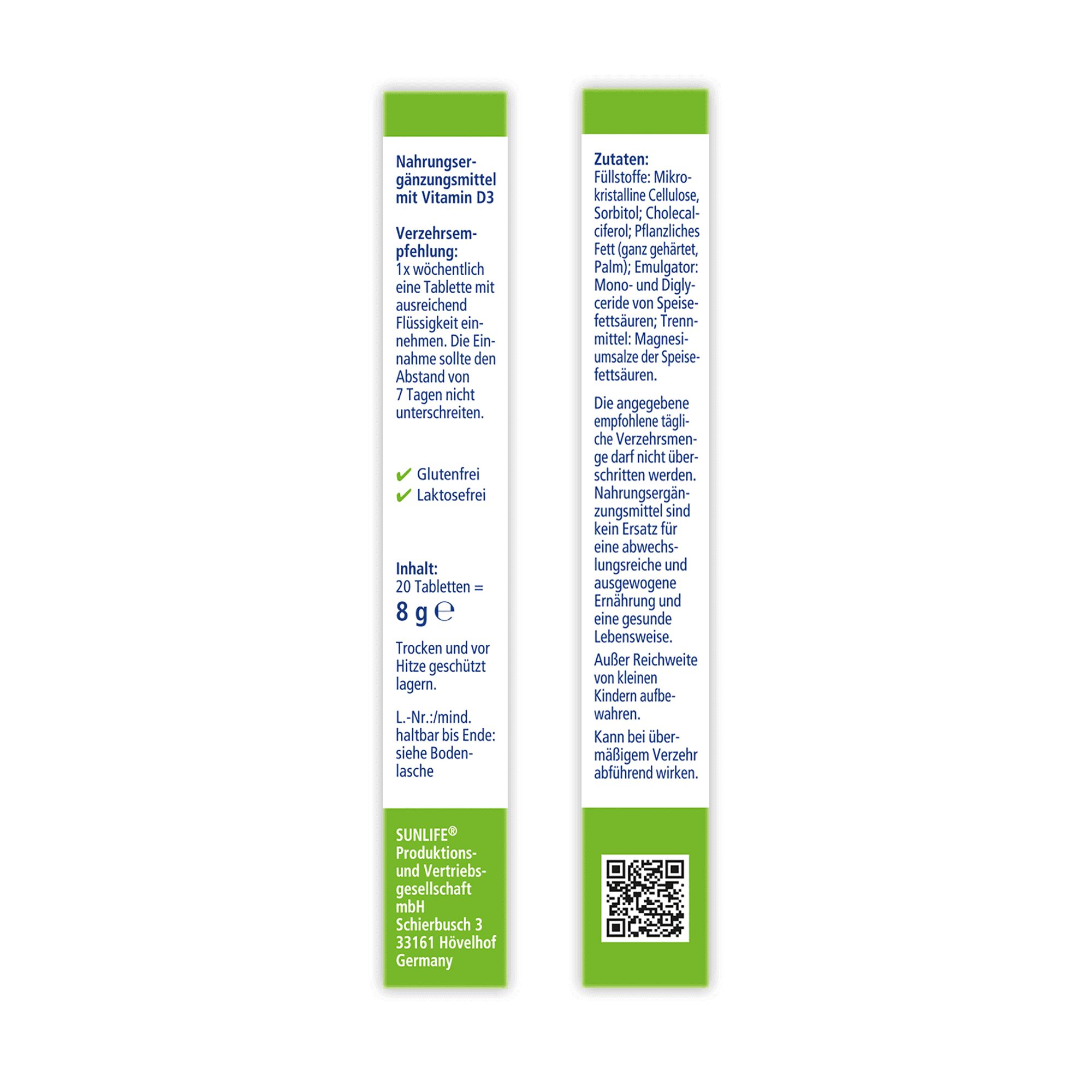 Rückseite der SUNLIFE Vitamin D3 Wochendepot Packung. Enthält Informationen zu Inhaltsstoffen, Nährwerten und Herstelleradresse.