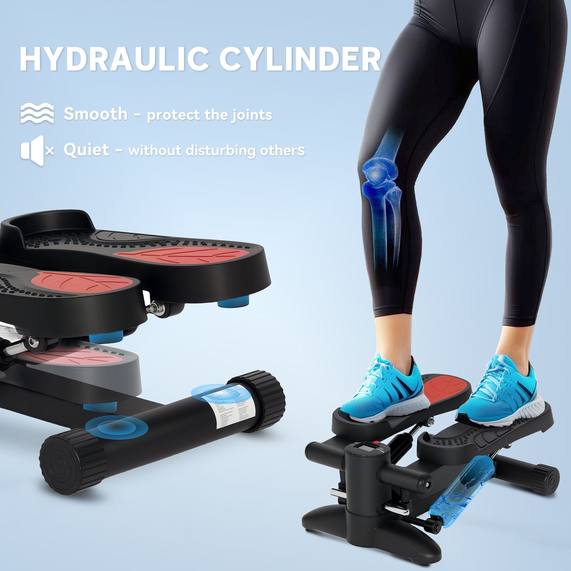 Stepper mit hydraulischem Zylinder. Schwarze Basis, rote Trittflächen. Text: Smooth, Quiet. Bein mit Knie-Illustration.