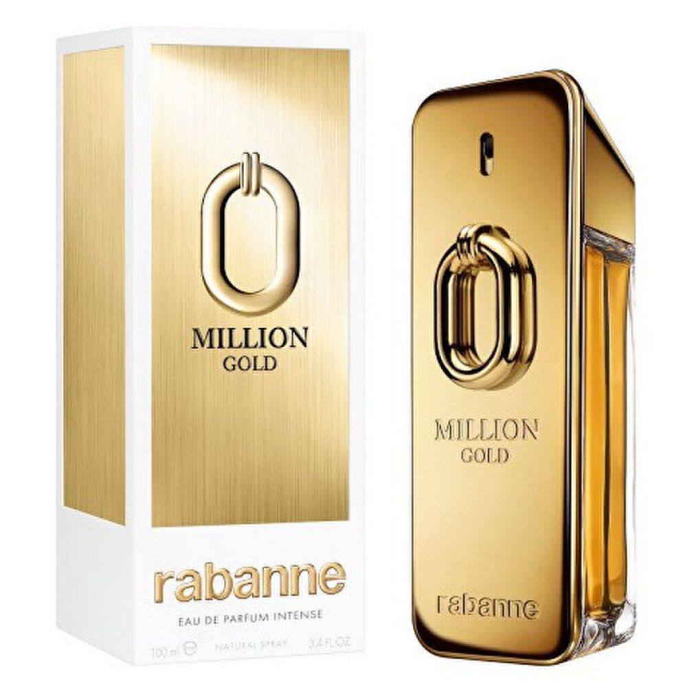 Goldfarbener Flakon und Verpackung mit "MILLION GOLD" und "rabanne" Schriftzug. Rechteckige Form.