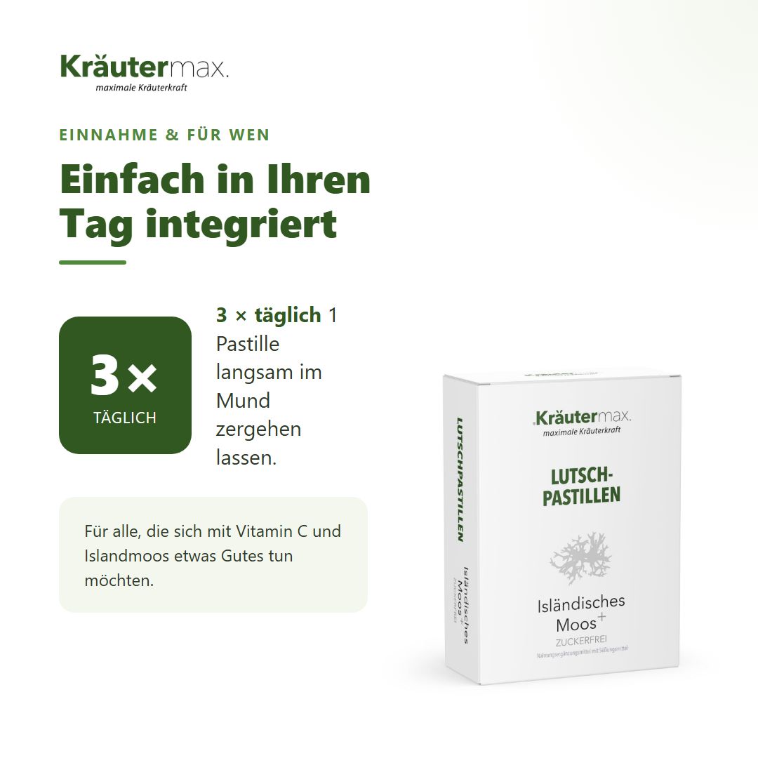 Anwendung von Kräutermax Lutschpastillen: 3x täglich 1 Pastille im Mund zergehen lassen.