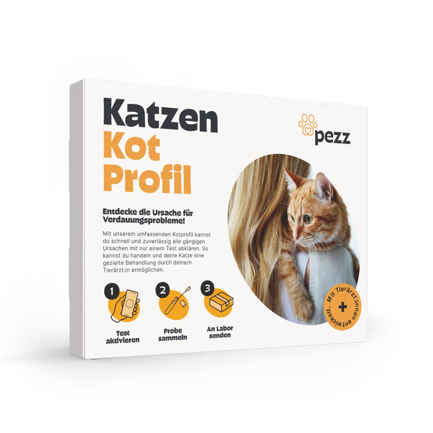Pezz Kotprofil für Katzen. Karton mit Produktinformationen und Abbildung einer Katze. Enthält Test-Symbole.