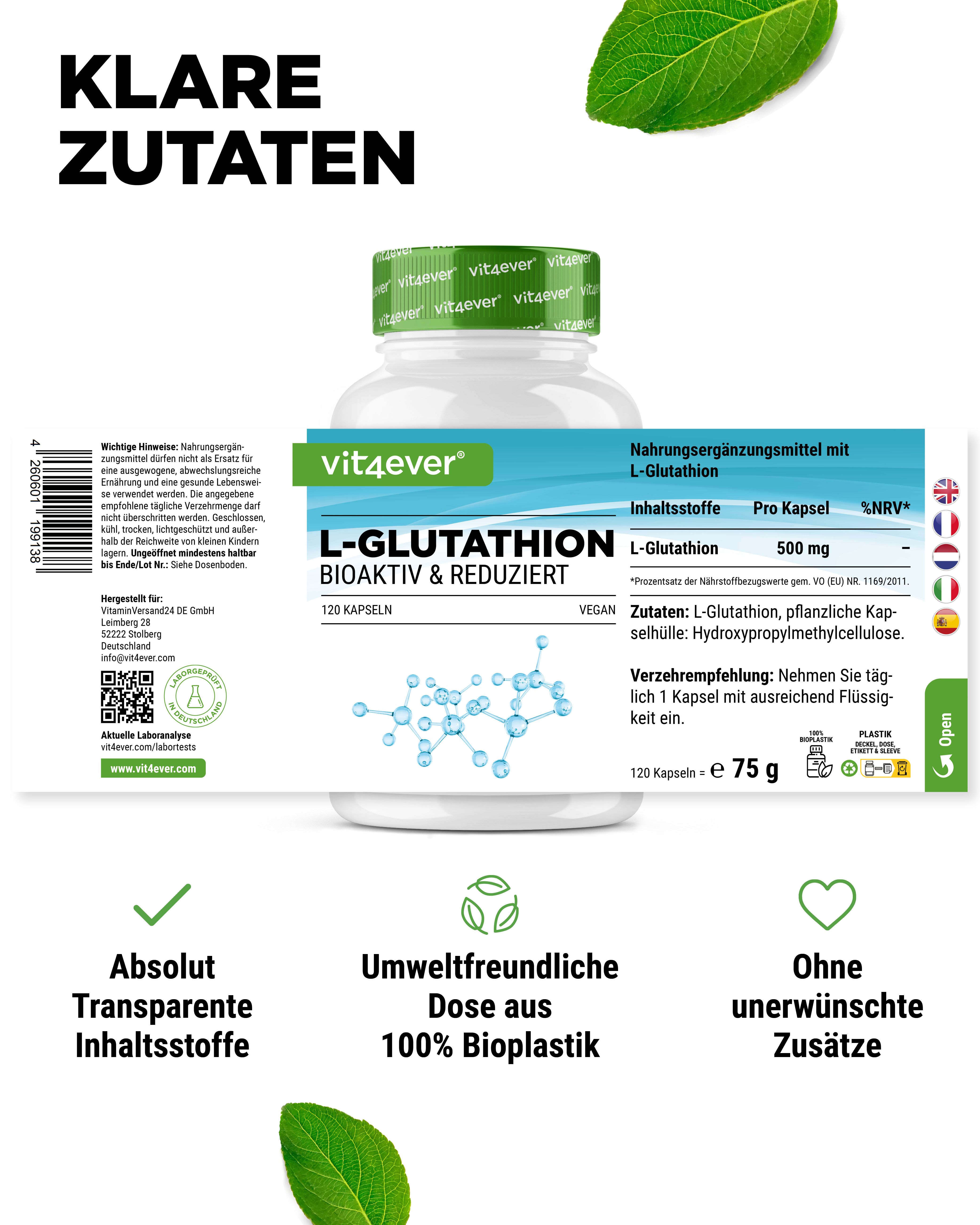 Produktflasche mit Etikett. Aufschrift: vit4ever L-Glutathion, bioaktiv & reduziert. 120 Kapseln. Vegan. Zusätzliche Informationen.