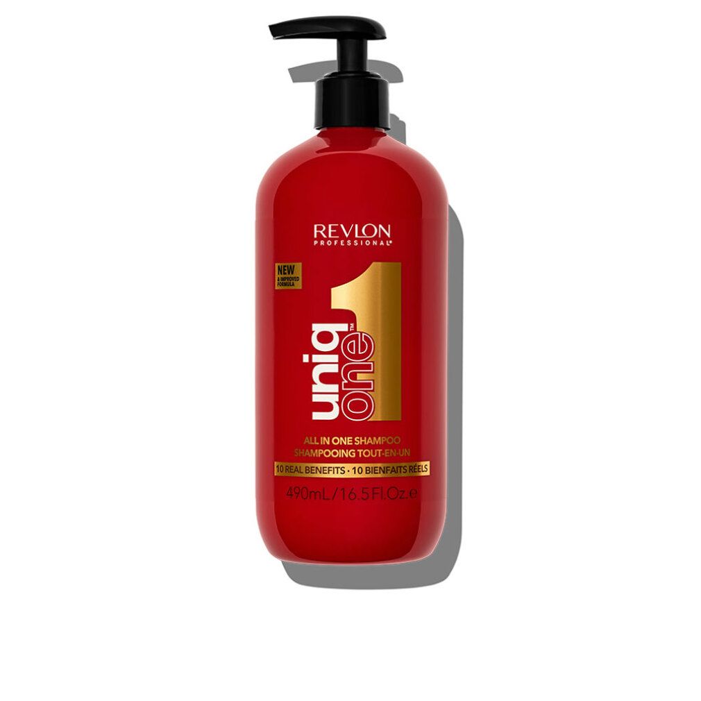 Rote Shampoo-Flasche mit schwarzem Pumpkopf. Aufschrift: Revlon Professional Uniq One. 10 Vorteile. 490ml/16.5 fl.oz.