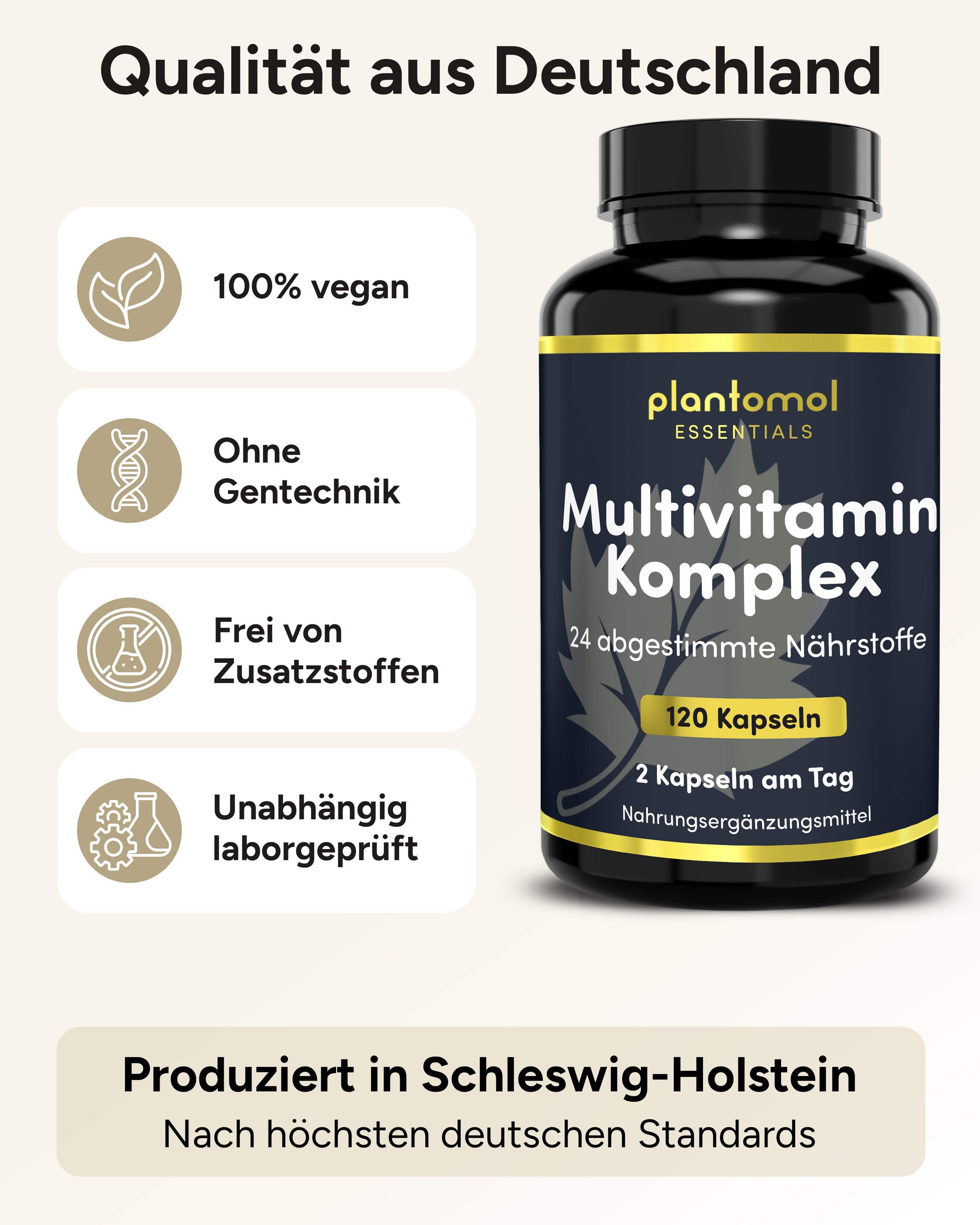 Schwarze Flasche plantomol® Essentials Multivitamin Komplex, 120 Kapseln. 100% vegan, ohne Gentechnik, ohne Zusatzstoffe.