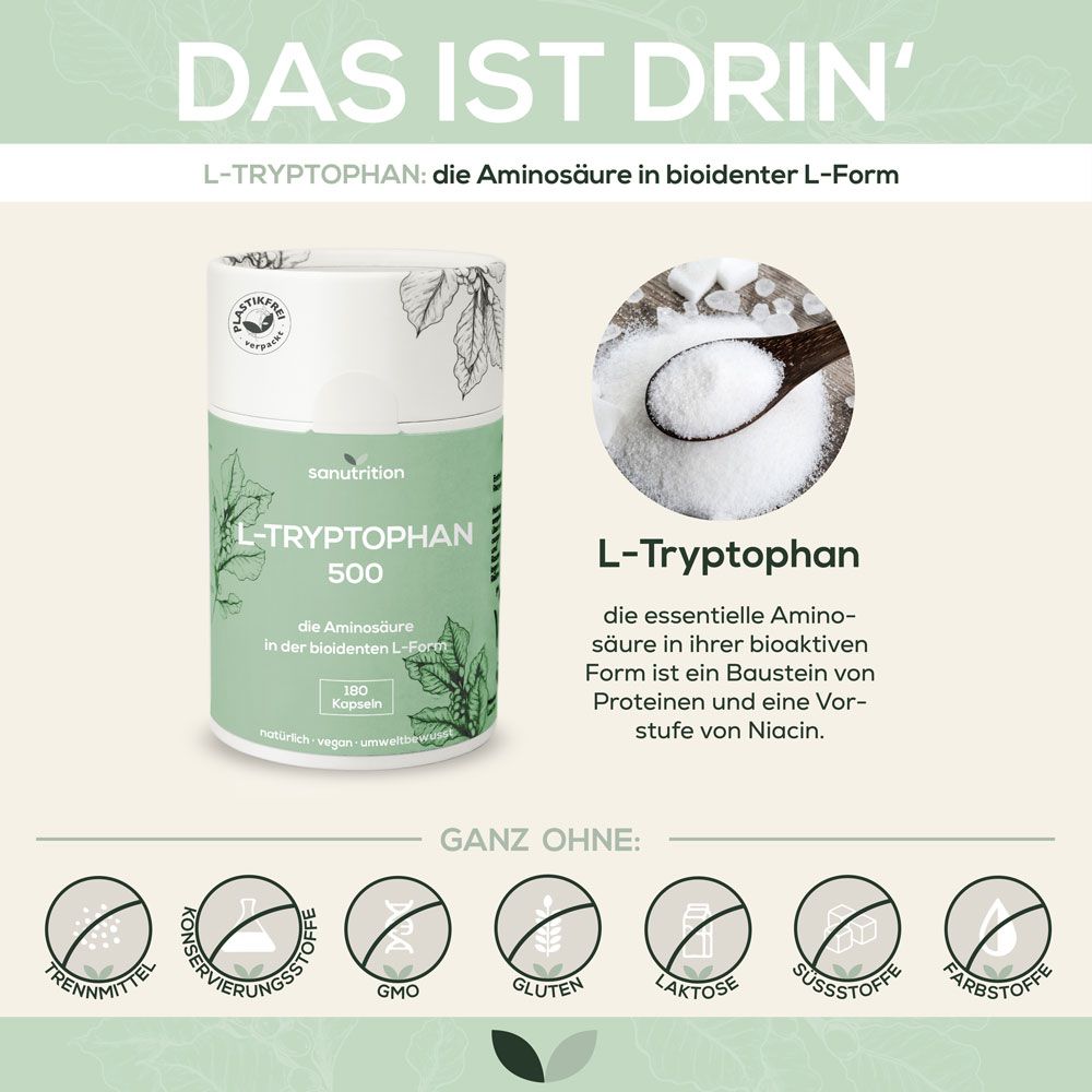 Werbetafel mit Sanutrition L-Tryptophan 500. Dose neben L-Tryptophan-Pulver. Text: Aminosäure, ohne Zusatzstoffe.