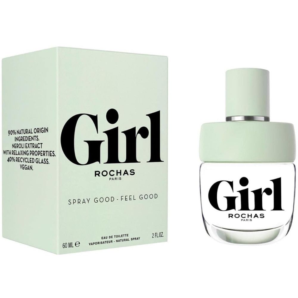 Rochas Girl Eau de Toilette Spray. Flakon und Verpackung. Hellgrüne Flasche mit schwarzem Schriftzug Girl. Verpackung mit Text.