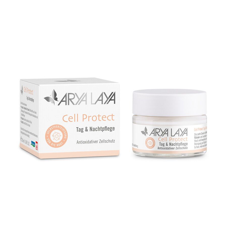 Arya Laya Cell Protect Tag & Nachtpflege: Antioxidativer Zellschutz in einem Glasbehälter mit weißem Deckel und Umverpackung.