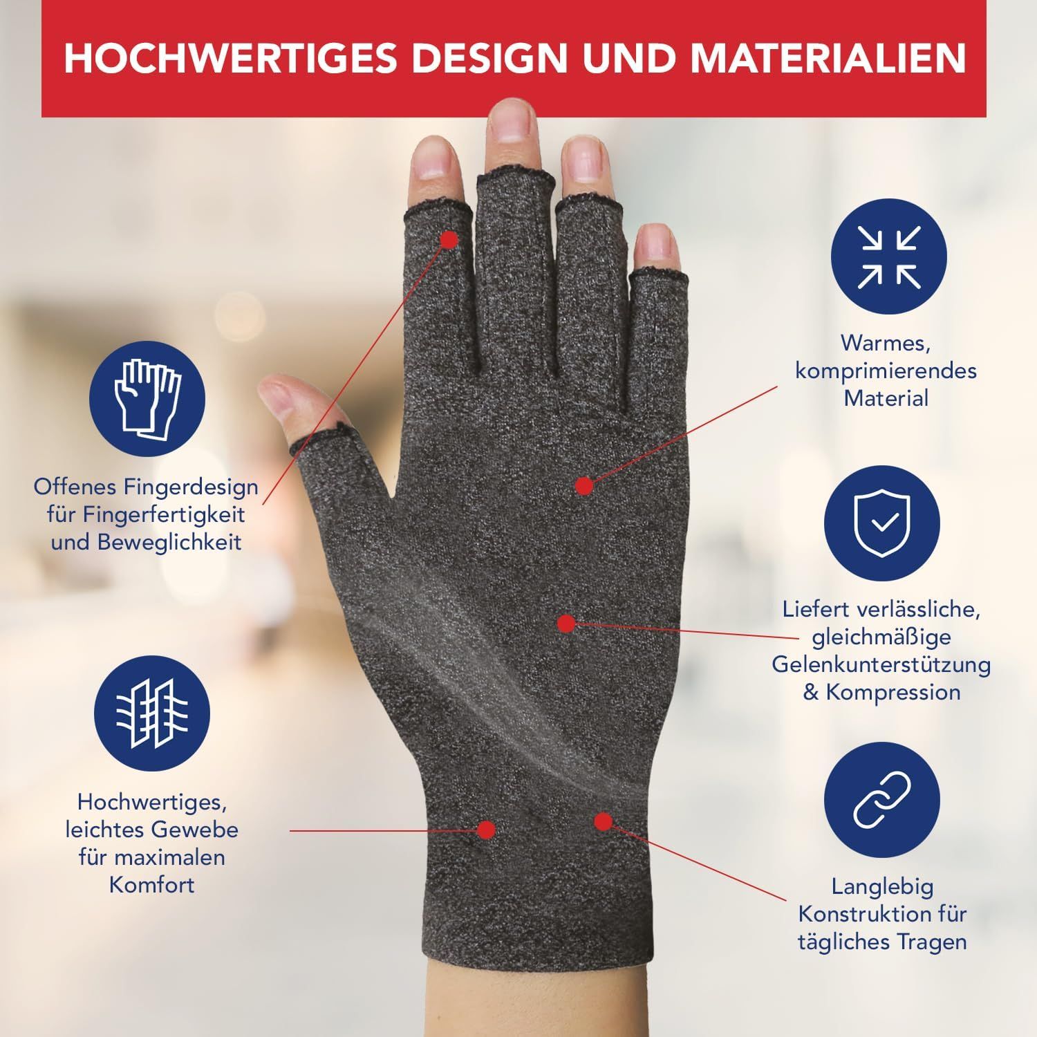 Graue Kompressionshandschuhe ohne Fingerkuppen.