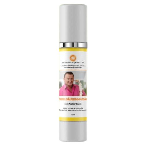 Zylindrische Flasche. Aufschrift: Wirbelsäulenmassage nach Walter Sagan. Abbildung eines Mannes. 50 ml.