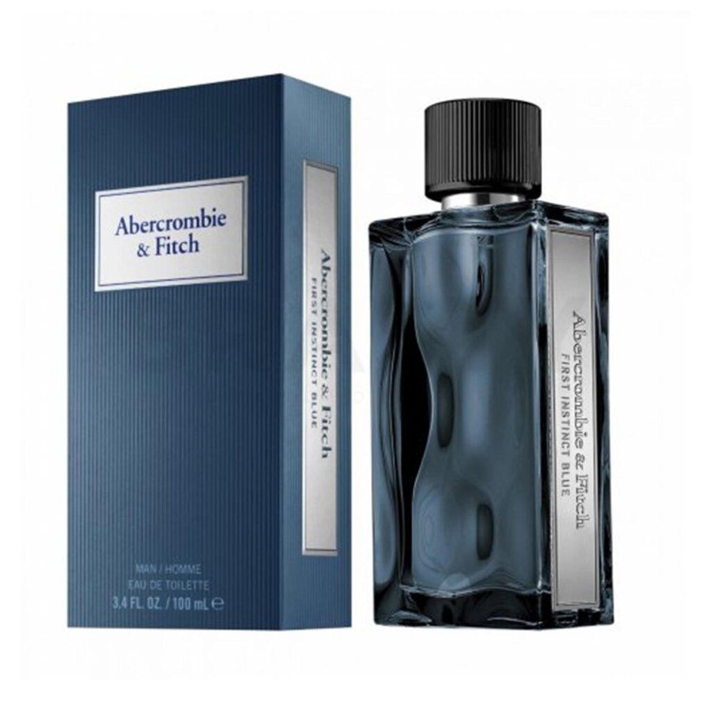 Dunkelblaue Flasche und Verpackung. Aufschrift: Abercrombie & Fitch, First Instinct Blue, MAN/HOMME, Eau de Toilette.