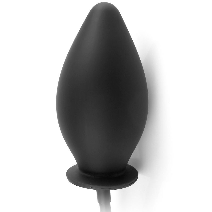 Schwarzer, tropfenförmiger Silikon-Plug mit Basis. Ein weißes Kabel ist am Boden befestigt.