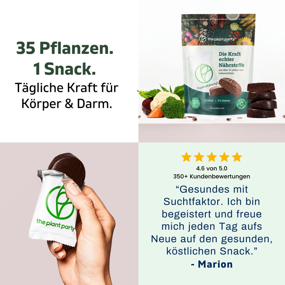Collage mit the plant party®-Riegeln und Verpackung. Text: 35 Pflanzen. 1 Snack. Tägliche Kraft für Körper & Darm.