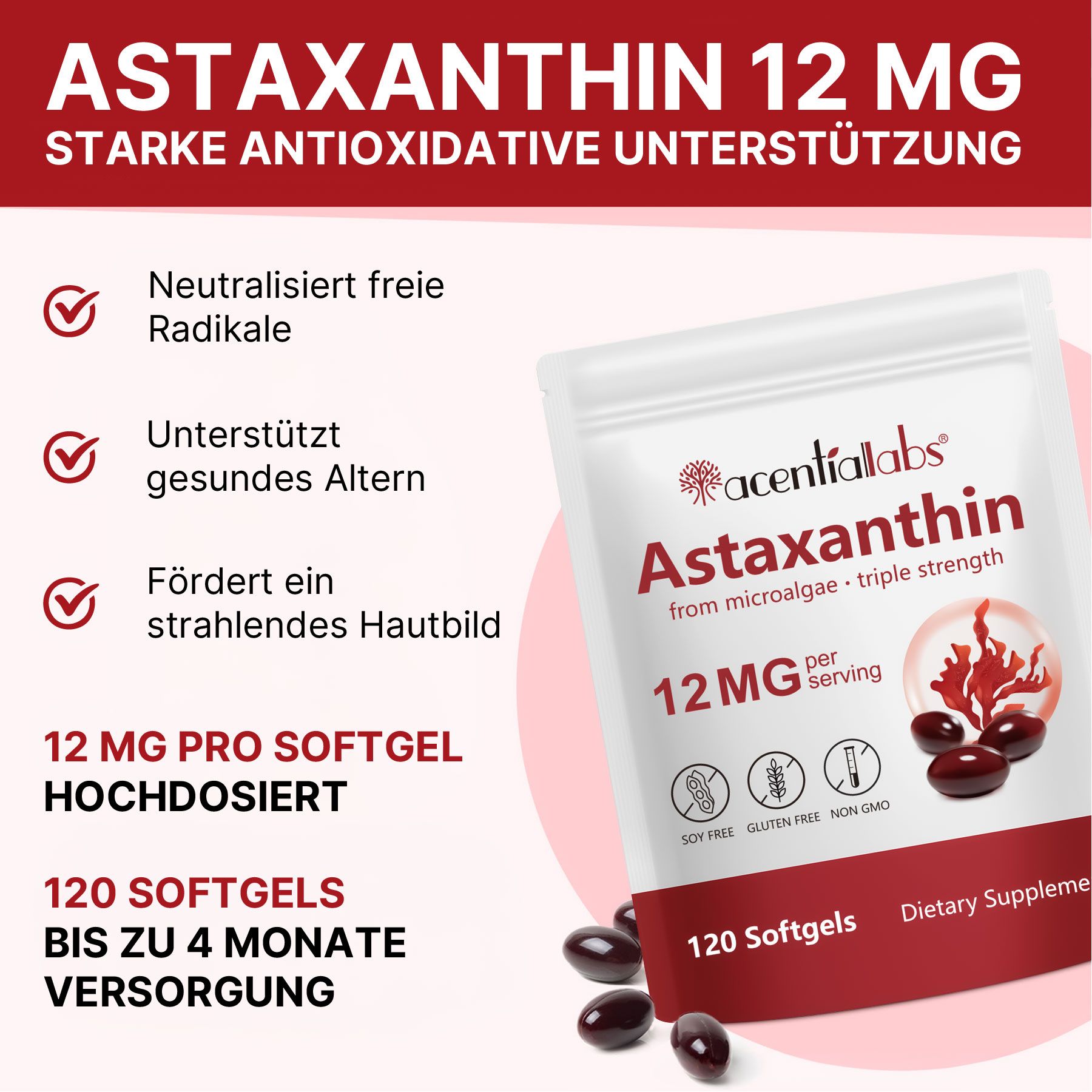 Aliver Astaxanthin Hochdosiert Antioxidans für Immunsystem mit Algenextrakt