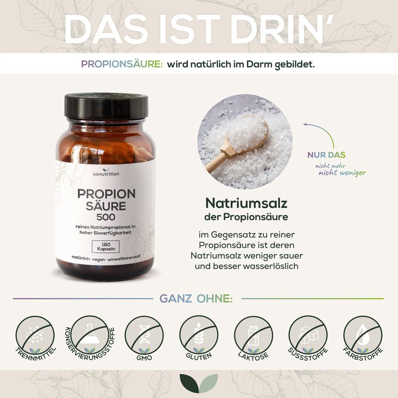 Braune Glasflasche mit Kapseln. Aufschrift: Propionsäure 500. Daneben Natriumsalz der Propionsäure. Ohne Zusatzstoffe.