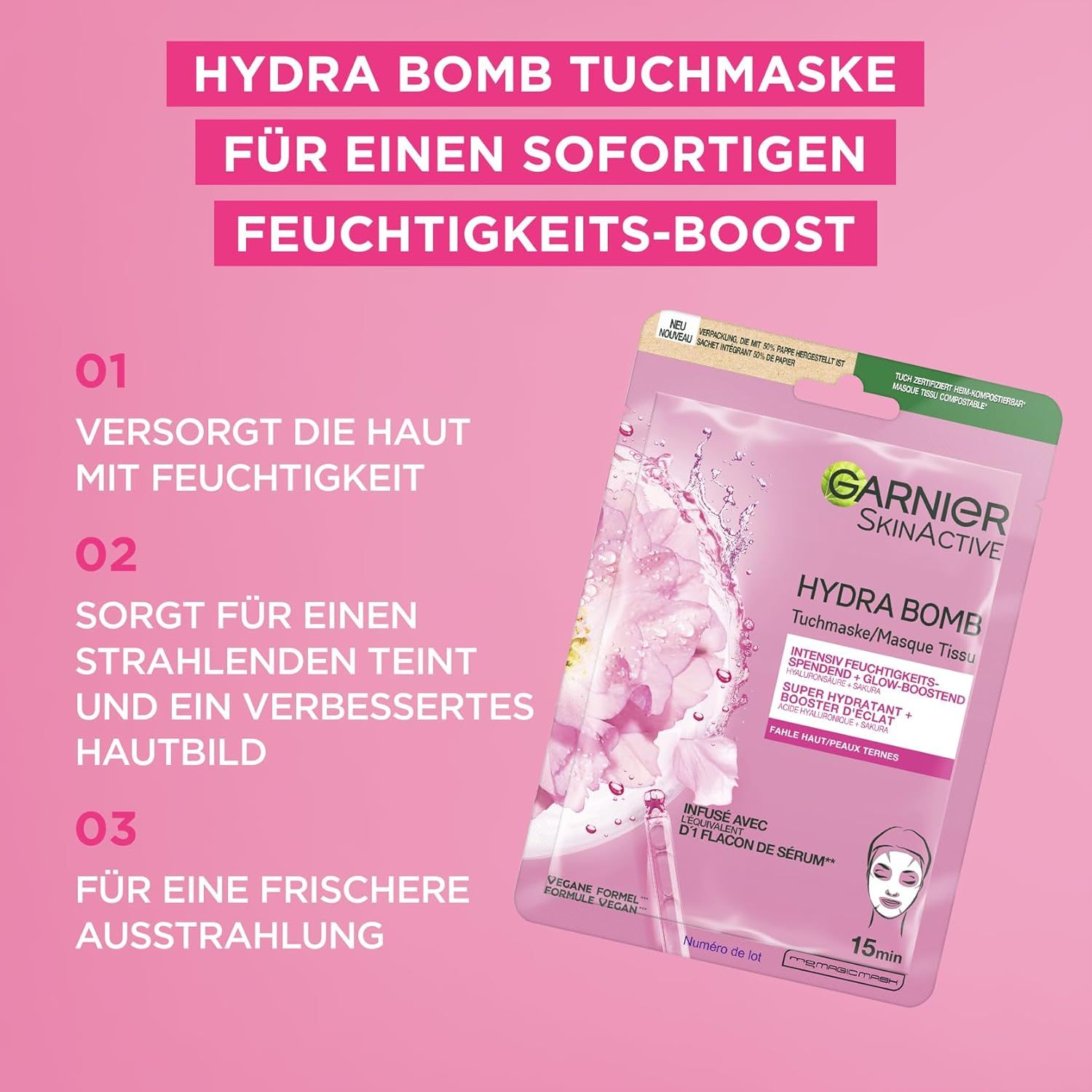 Garnier SkinActive Hydra Bomb Tuchmaske. Verpackung mit Produktinformationen und Logo. Text: Für einen sofortigen Feuchtigkeits-Boost.