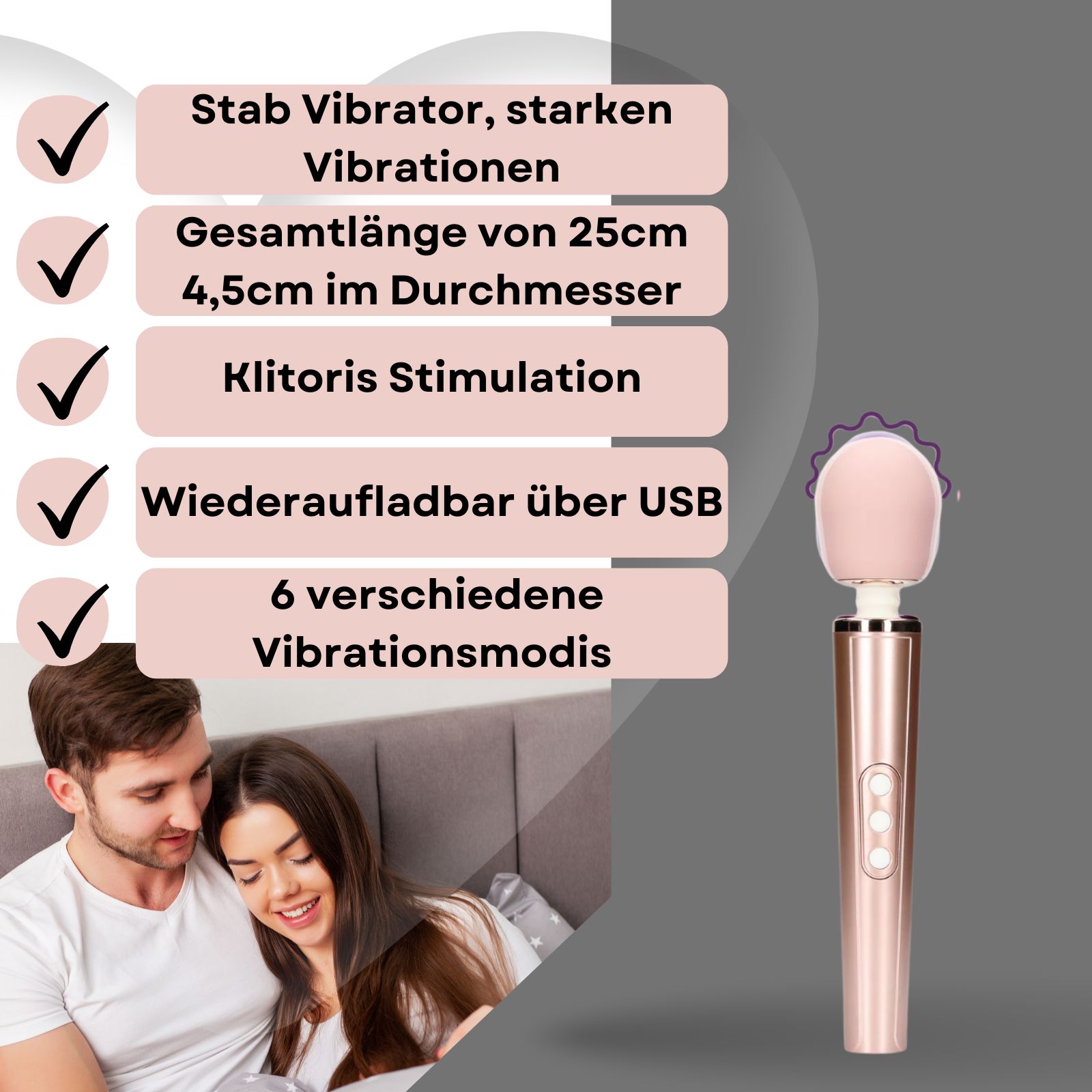 Vibrator, rosa. Text mit Eigenschaften: Vibrationen, 25 cm lang, USB-Aufladung, 6 Modi.