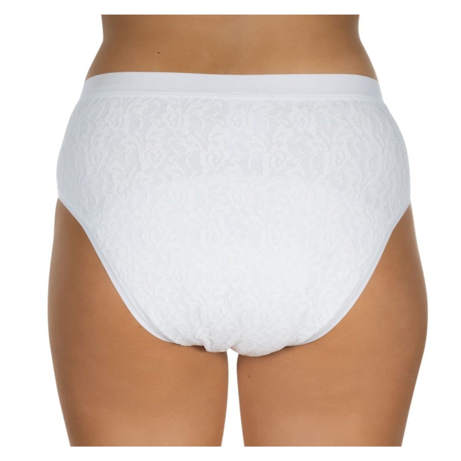 Weißer Spitzenslip mit mittlerer Harninkontinenz. Rückansicht.