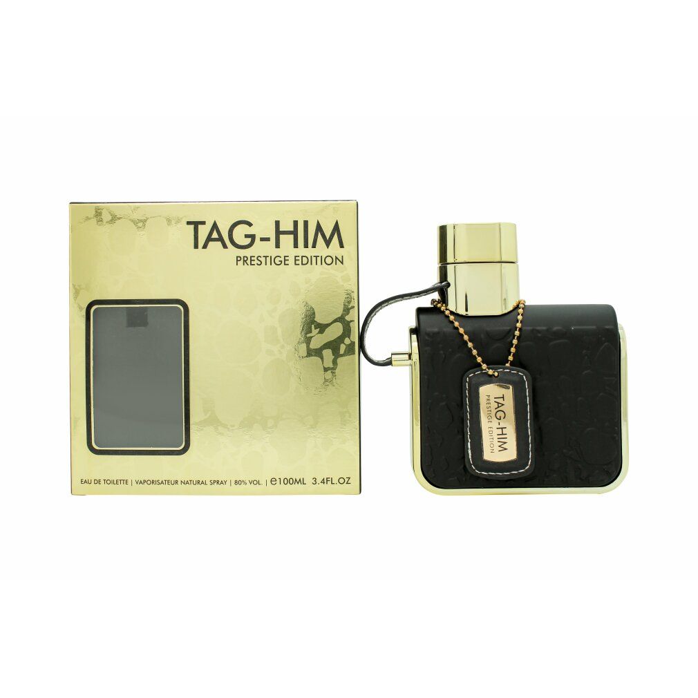 Schwarzer Flakon mit goldfarbenen Akzenten und Anhänger. Goldfarbene Verpackung mit Produktnamen.