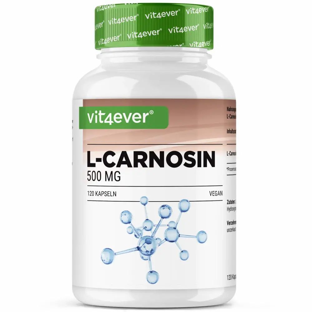 Weiße Flasche mit grünem Deckel. Aufschrift: L-Carnosin 500 mg, 120 Kapseln. Logo: vit4ever. Molekül-Abbildung.