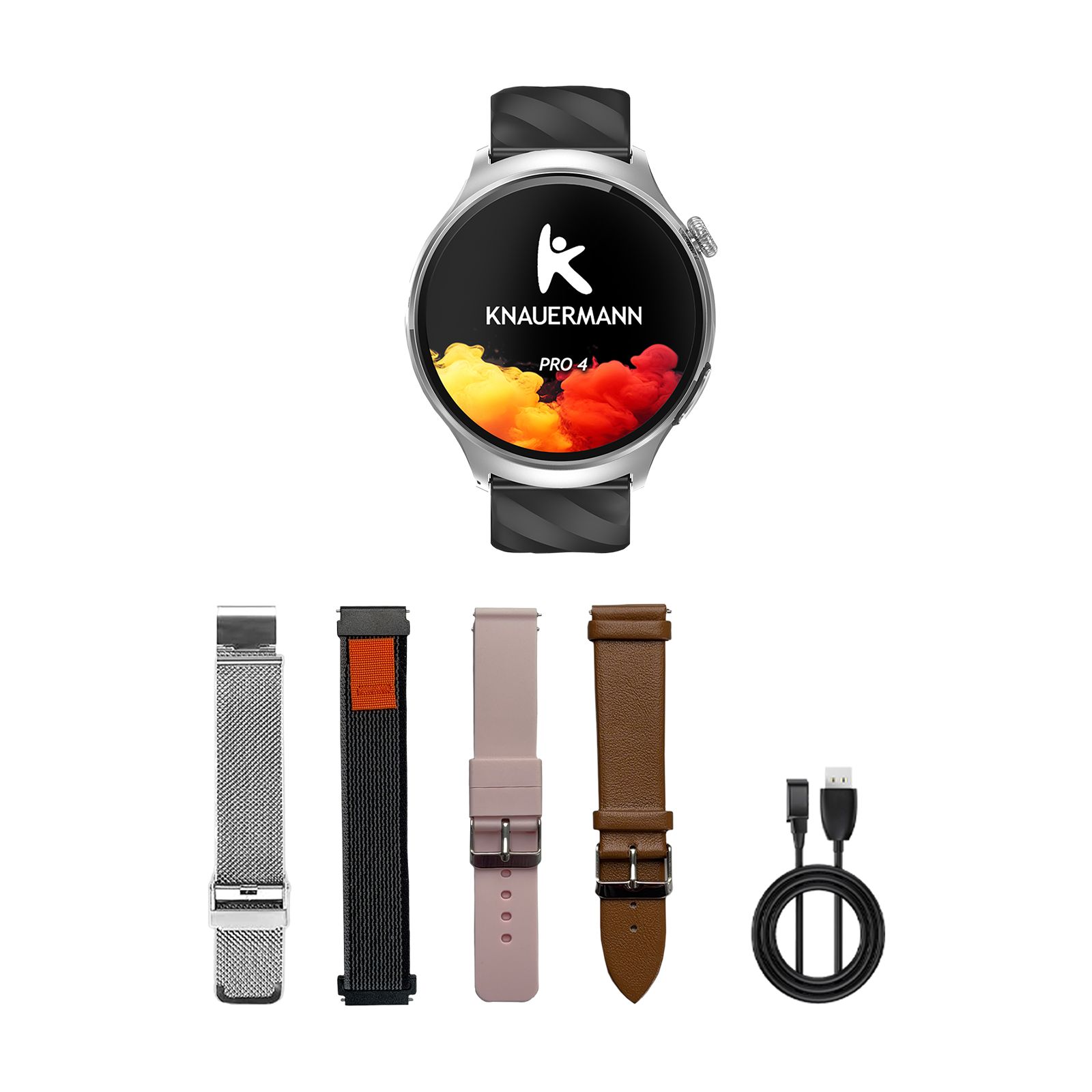 Smartwatch mit Zubehör: 4 Armbänder, USB-Kabel. Anzeige: KNAUERMANN PRO 4.