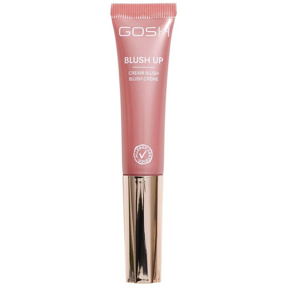 Rosa Creme-Rouge-Tube. Goldfarbener Schraubverschluss. Aufschrift: GOSH, BLUSH UP, CREAM BLUSH, BLUSH CREME. Siegel.