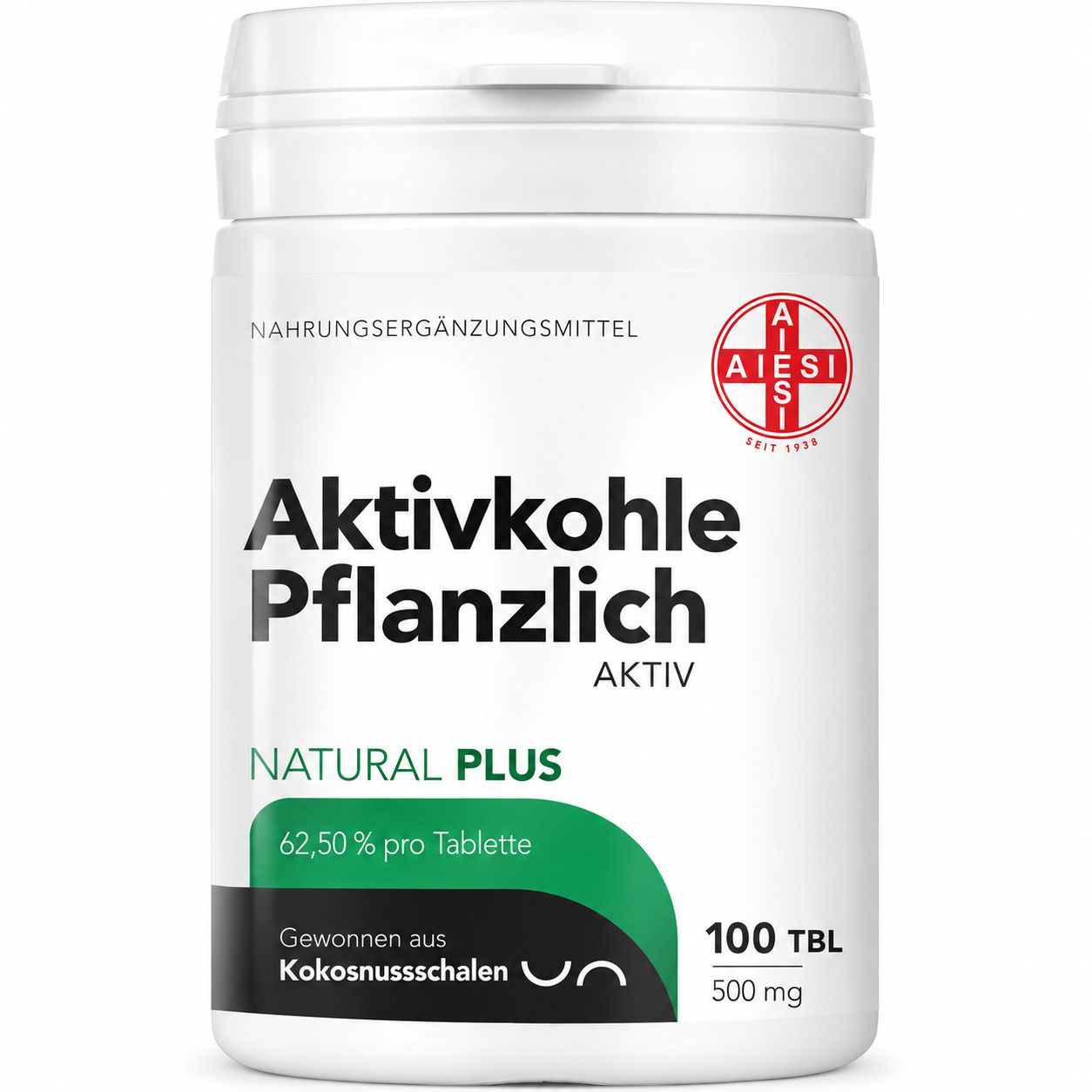 Flasche Aktivkohle Pflanzlich Aktiv, 100 TBL, 500 mg.