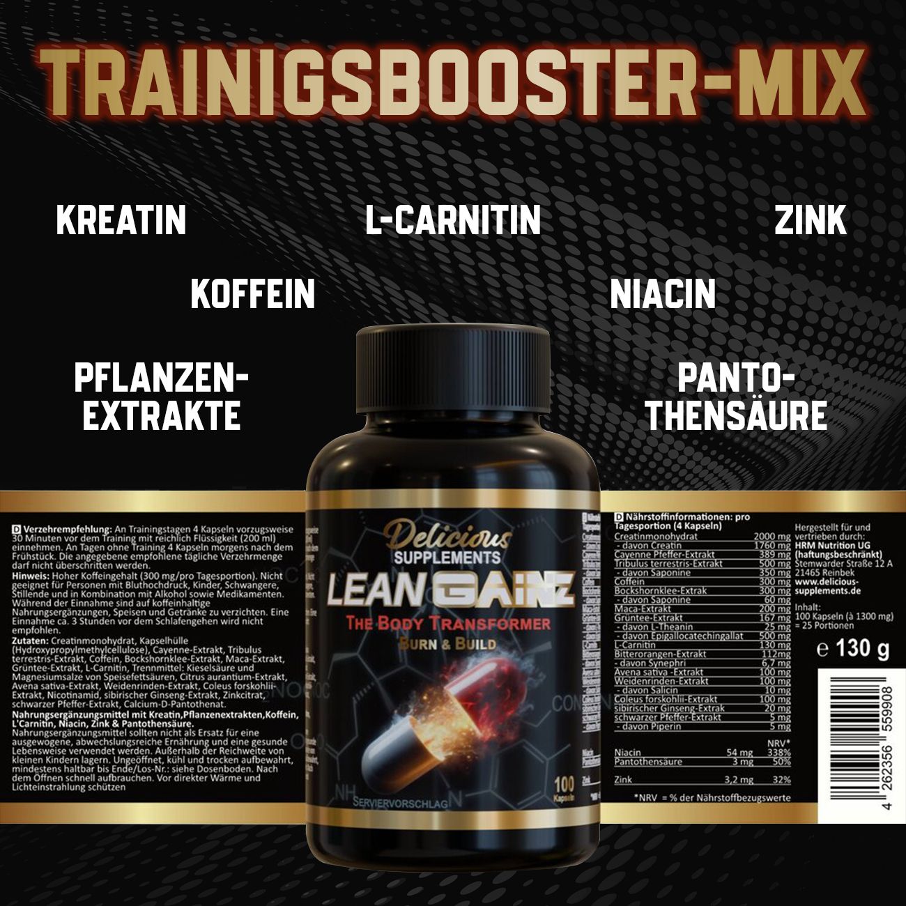 Schwarze Flasche mit Etikett. Lean Gainz, The Body Transformer, 100 Kapseln. Inhaltsstoffe: Kreatin, L-Carnitin, Zink, Koffein, Niacin, Pantothensäure.