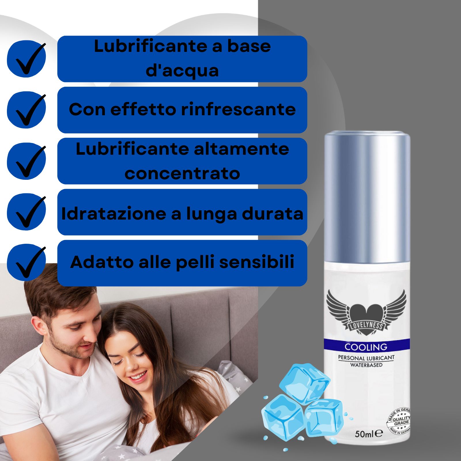 Gleitgel-Flasche. Text: Cooling, Personal Lubricant, Waterbased. 50ml. Mit Eiswürfeln und Paar im Hintergrund.