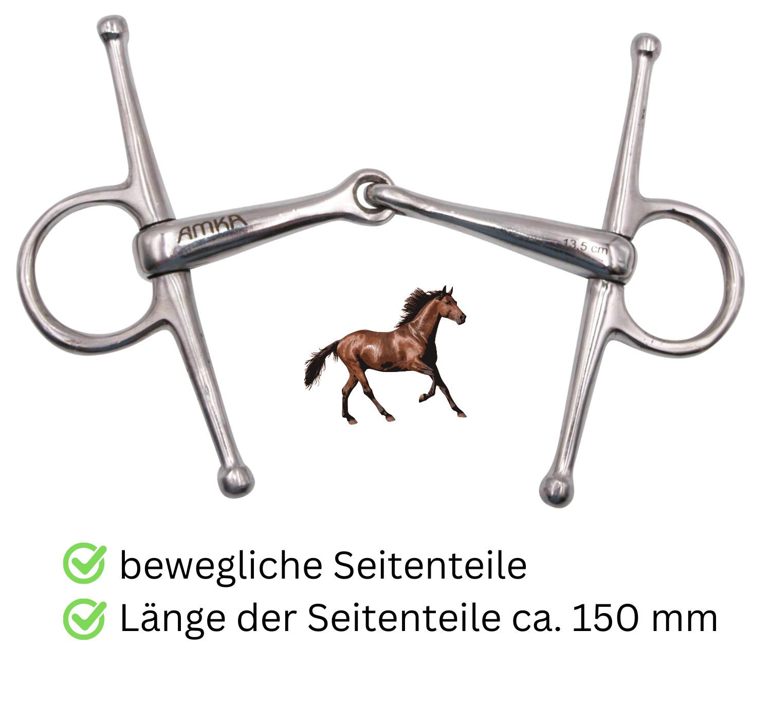 Schenkeltrense aus Metall mit AMKA-Logo. Bewegliche Seitenteile. Länge ca. 150 mm. Abbildung eines Pferdes.