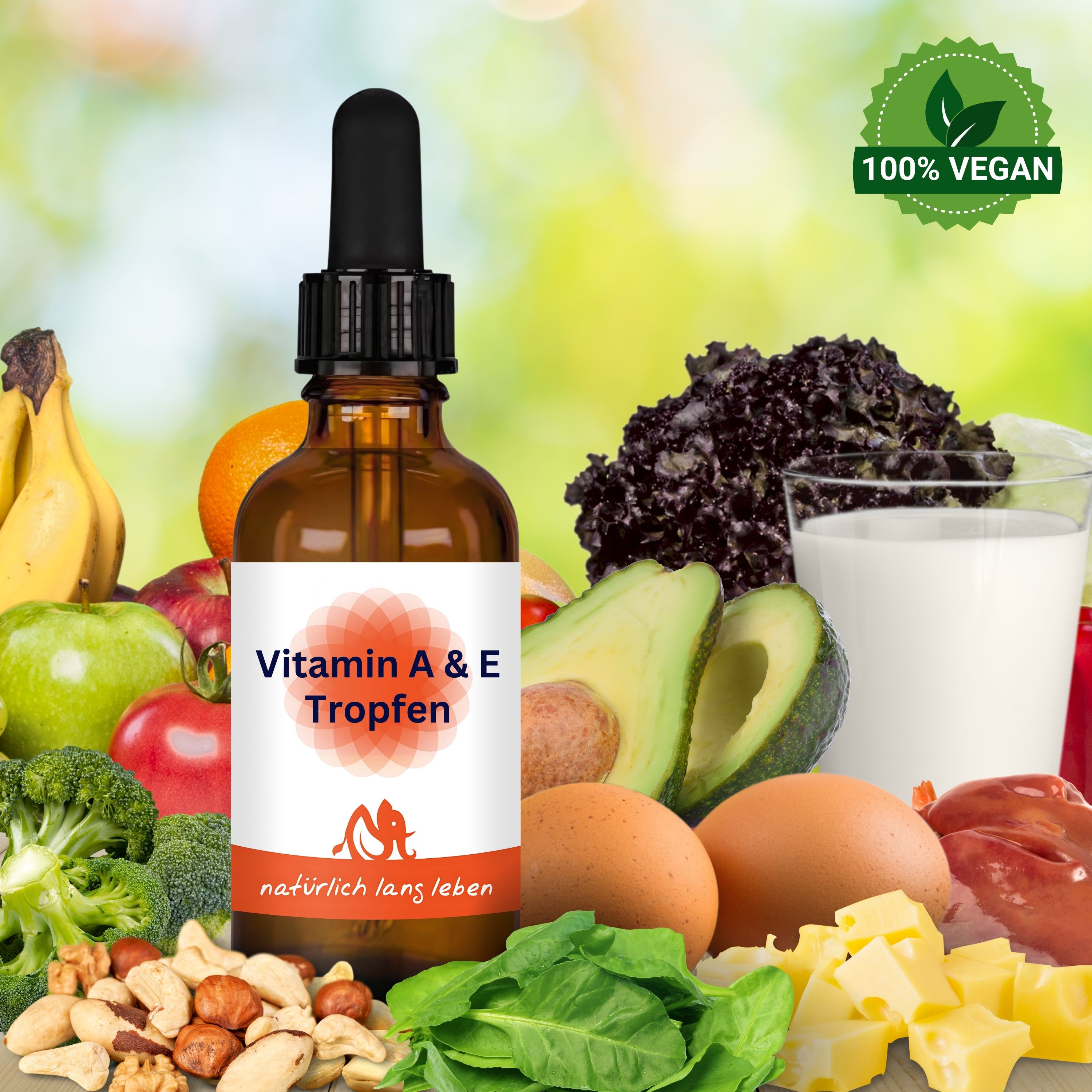 Braune Glasflasche mit schwarzem Tropfer, umgeben von Obst, Gemüse und Milch. Etikett "Vitamin A & E Tropfen".