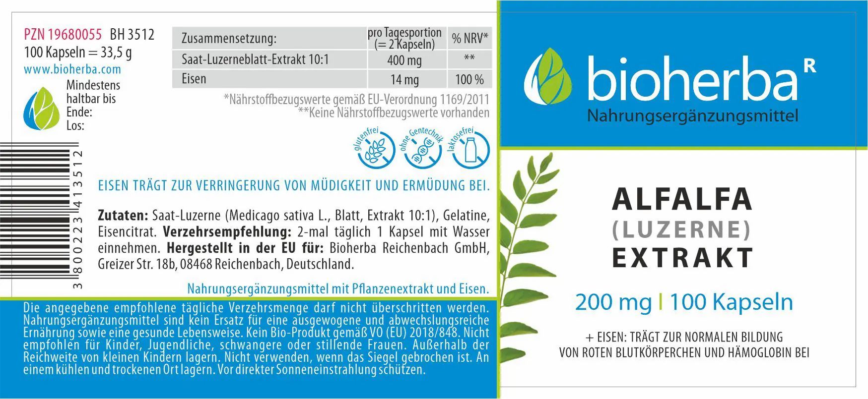 Bioherba Alfalfa Extrakt Kapseln, Produktetikett mit Text und Logo. Enthält Informationen zu Inhaltsstoffen und Dosierung.