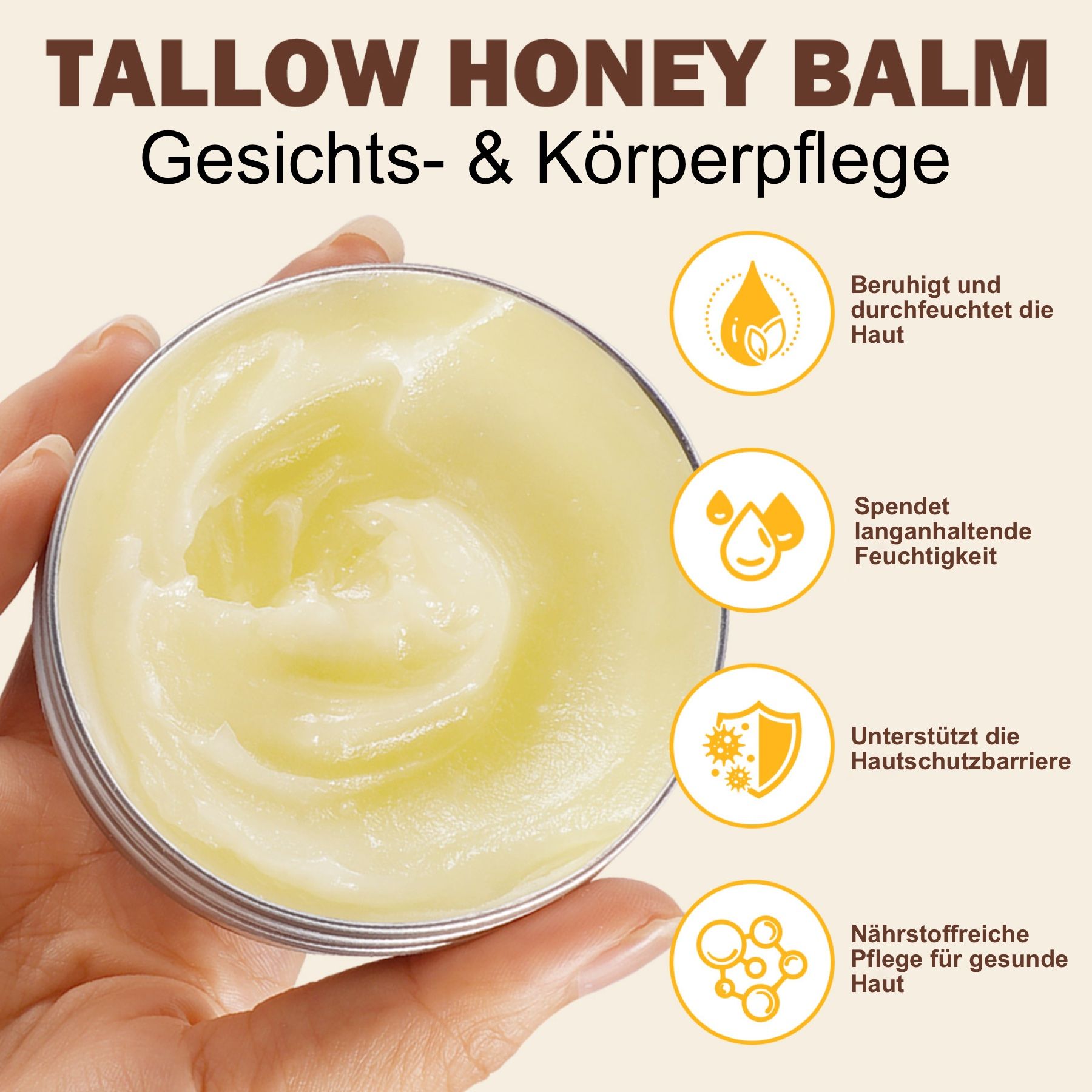 Offene Dose mit gelbem Balsam. Daneben Icons mit Text: beruhigt, spendet Feuchtigkeit, unterstützt Hautschutzbarriere, pflegt.